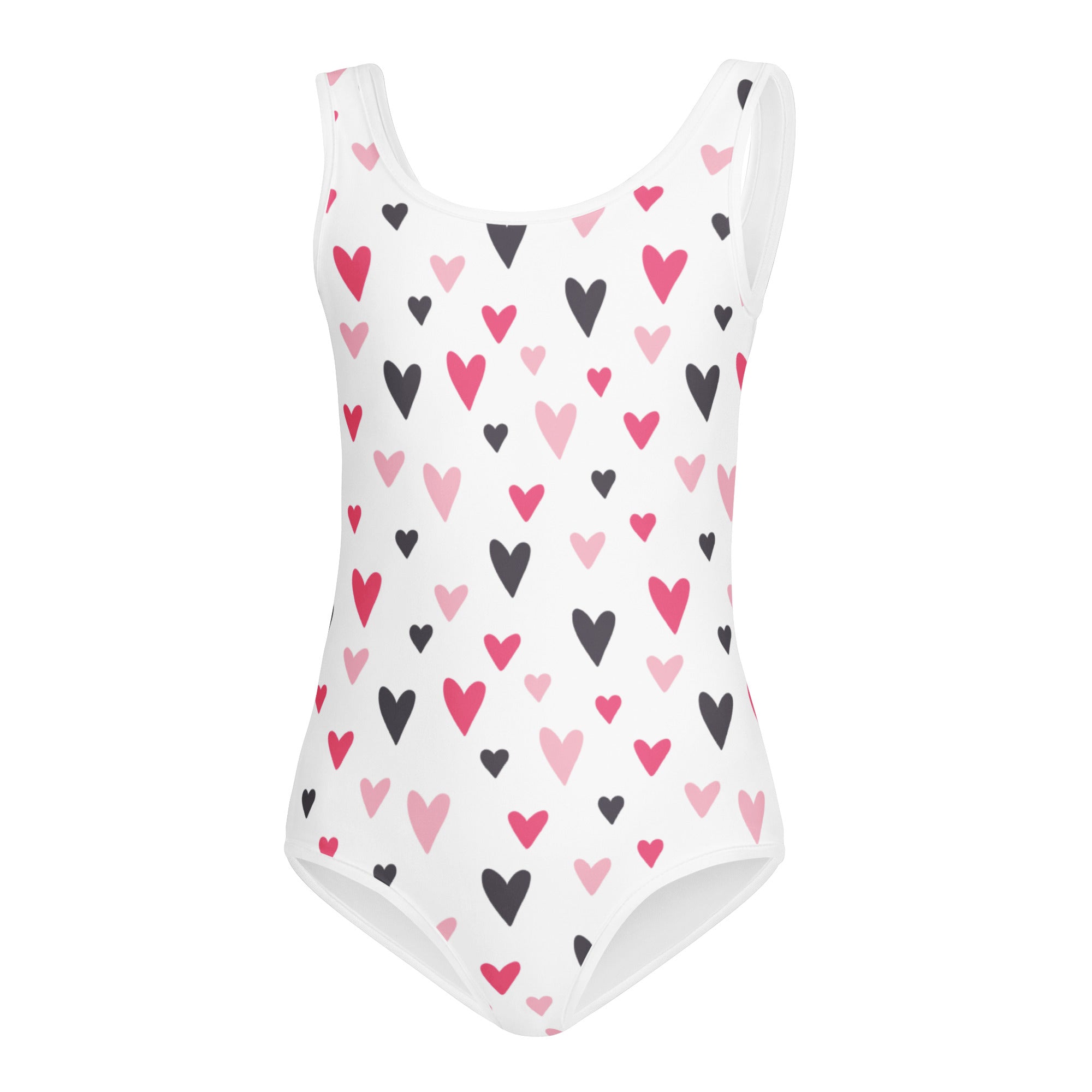 Girls valentine heart buttery soft white one-piece swimsuit with pink and black hearts quick drying for dance