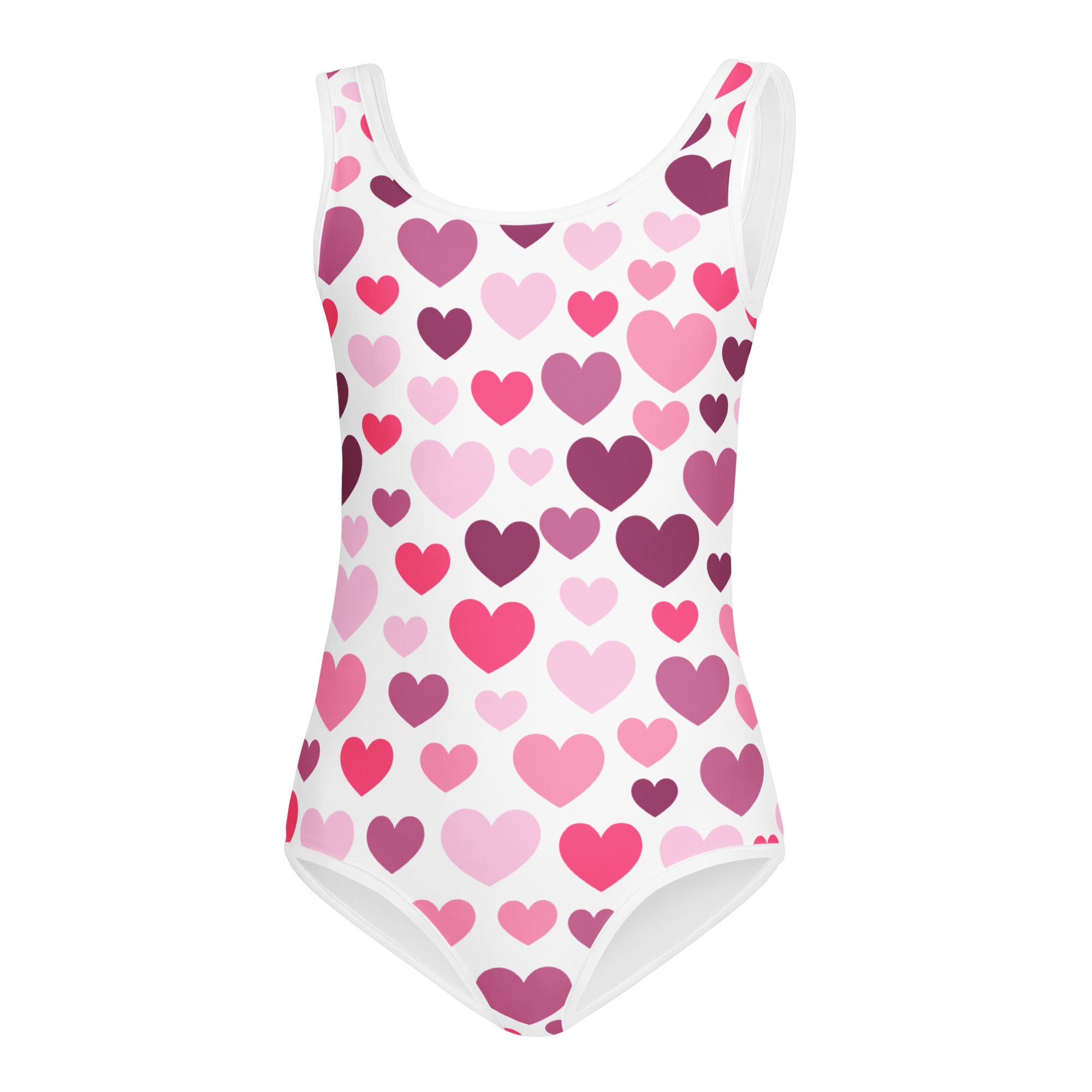 White one-piece swimsuit with pink and purple hearts buttery soft quick drying for girls dance and gymnastics