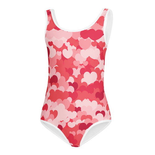 Girls heart cloud buttery soft pink and red heart patterned one-piece swimsuit with white trim for dance and gymnastics