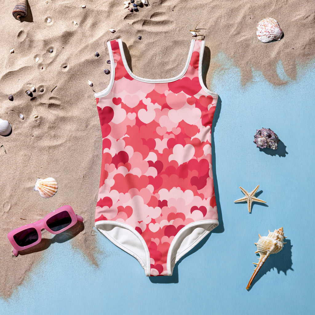 Girls pink heart cloud buttery soft one-piece swimsuit with square neckline white trim and upf 50 plus protection