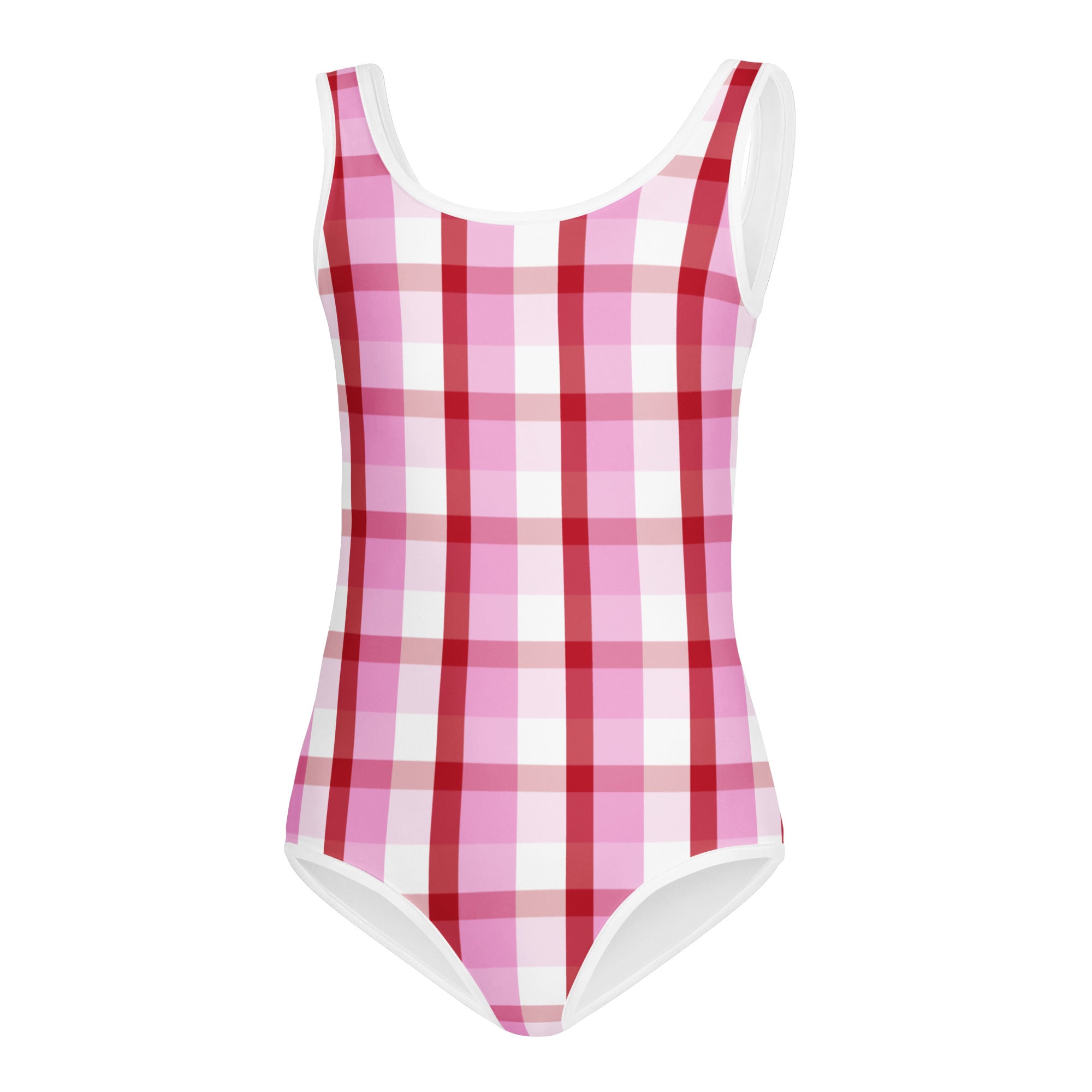 Girls valentine pink plaid buttery soft quick drying one-piece swimsuit with scoop neckline and white trim for dance