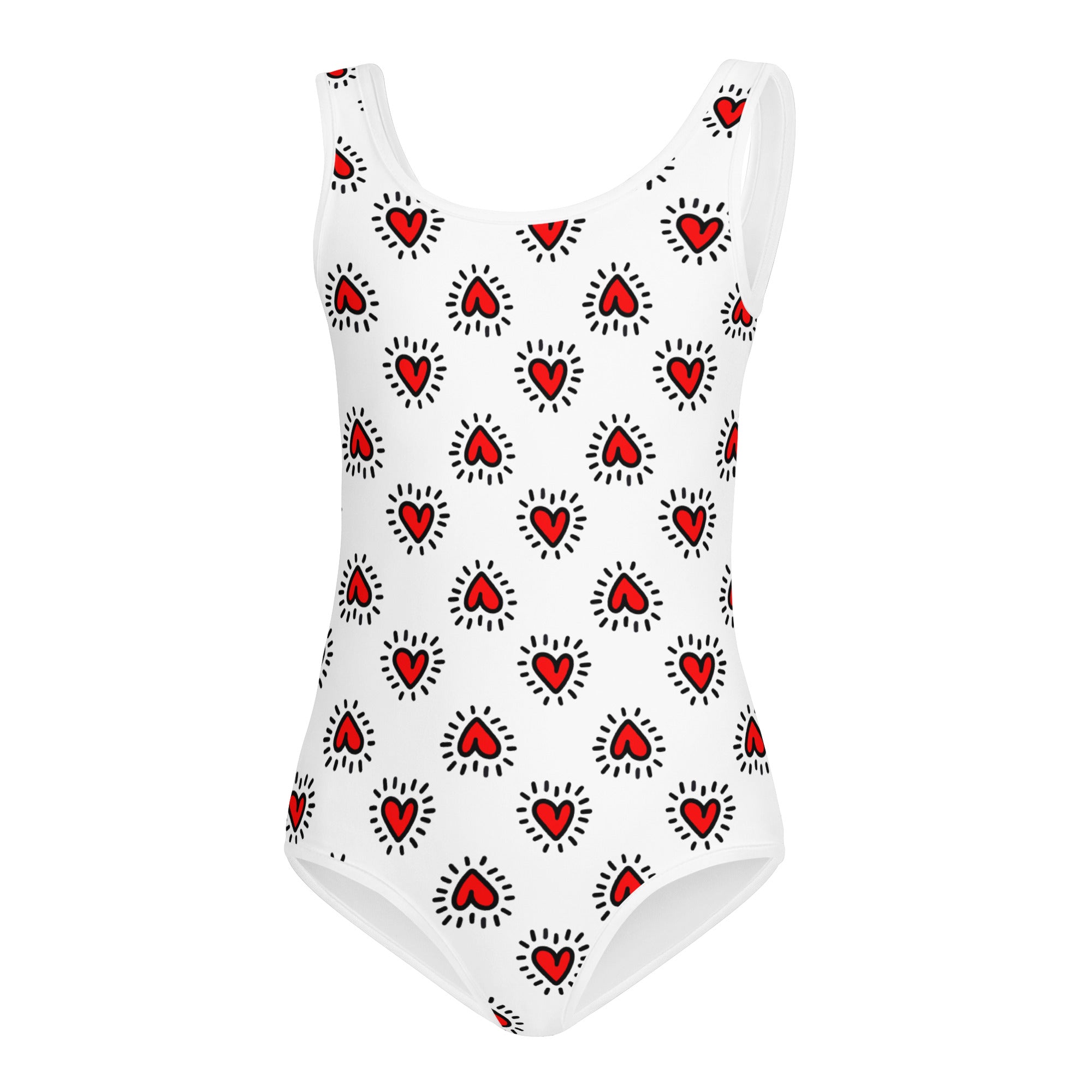 Girls valentine radiant heart white one-piece swimsuit with red hearts and quick drying buttery soft fabric for gymnastics
