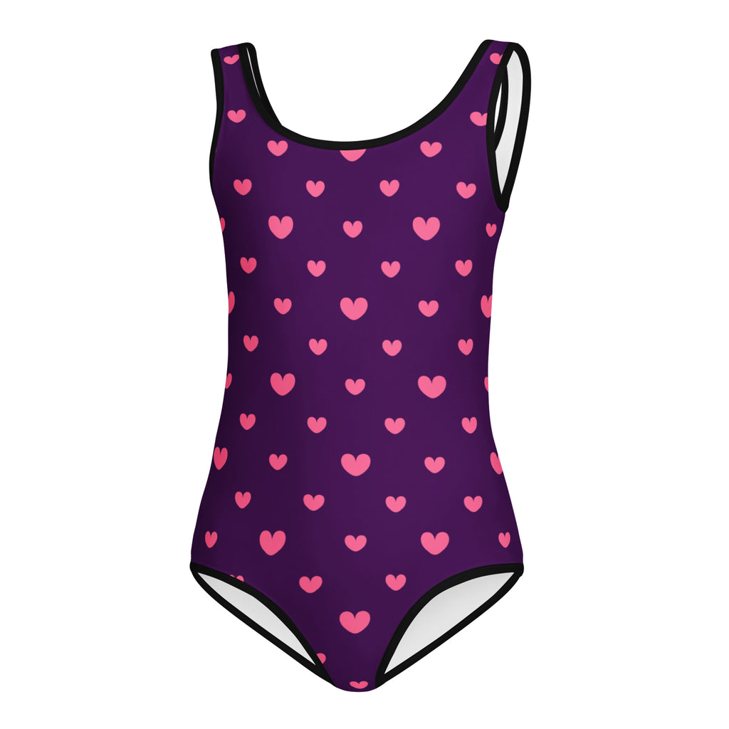 Girls purple valentines heart buttery soft one-piece swimsuit with pink heart pattern and black trim for dance and gymnastics