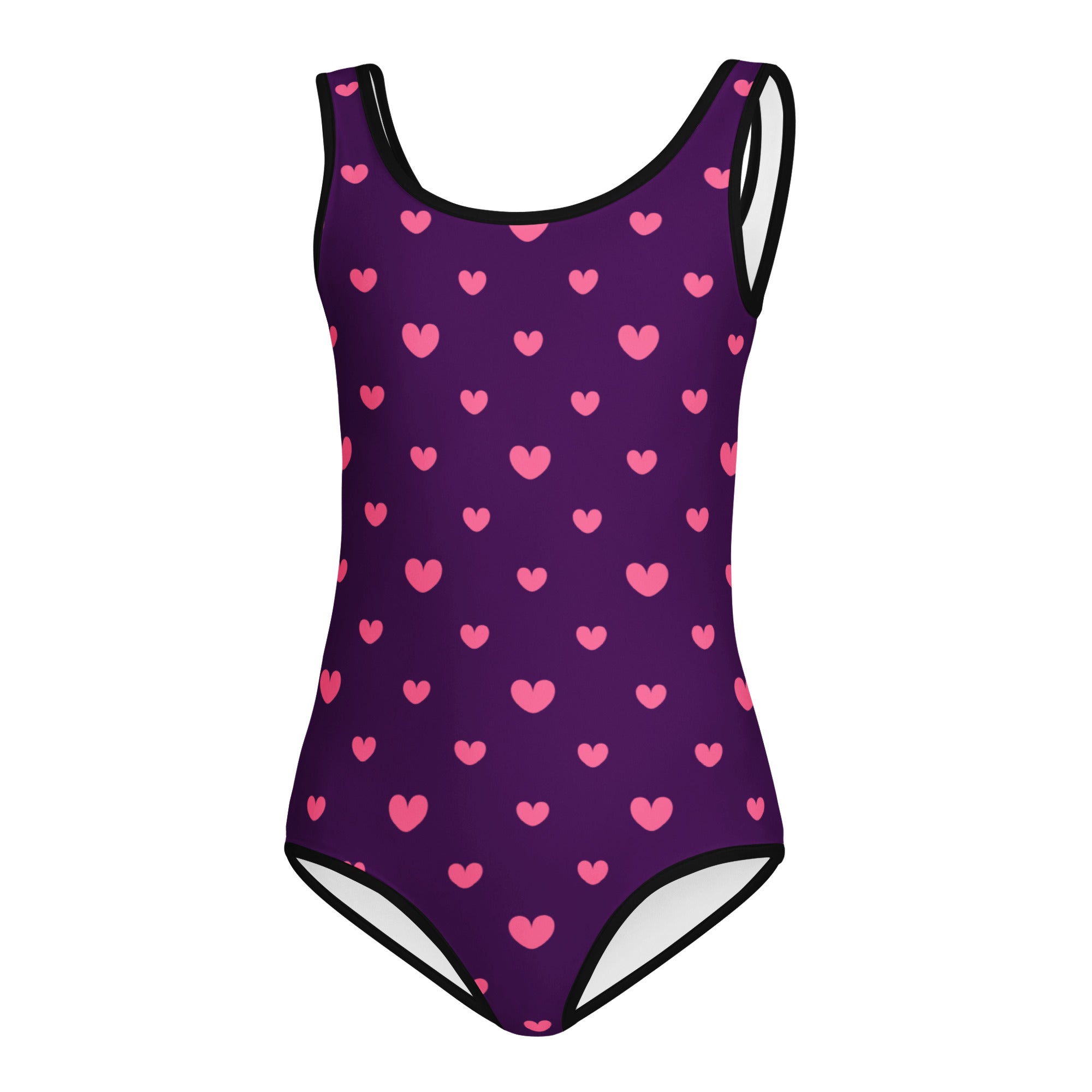 Girls purple valentines heart buttery soft one-piece swimsuit with pink heart pattern and black trim for dance and gymnastics