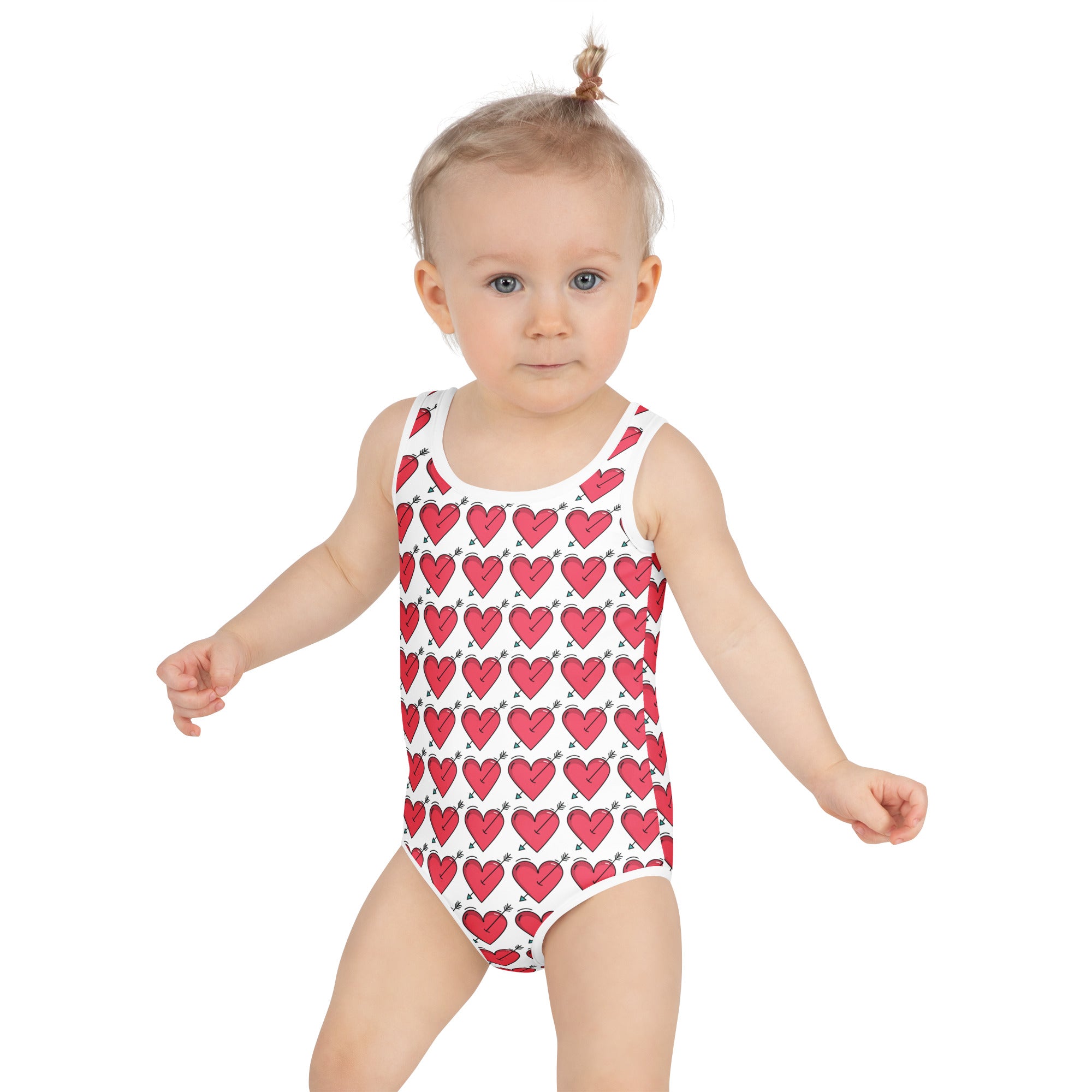 White girls one-piece swimsuit with red hearts black arrow details buttery soft fabric UPF 50 plus double layered front