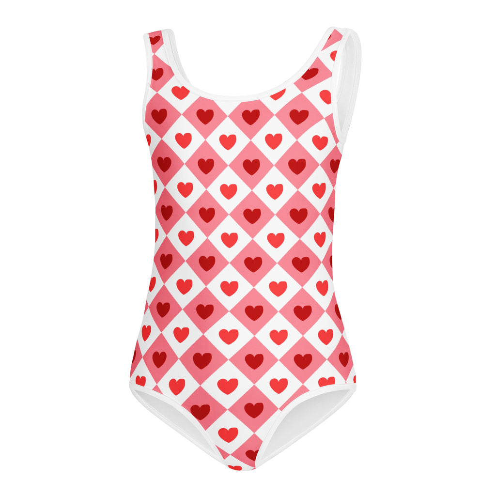 Girls pink argyle heart buttery soft leotard in a pink and white diamond pattern with red hearts for dance and gymnastics