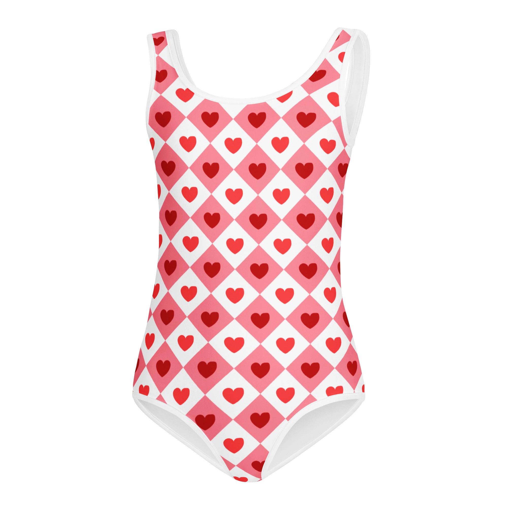 Girls pink argyle heart buttery soft leotard in a pink and white diamond pattern with red hearts for dance and gymnastics