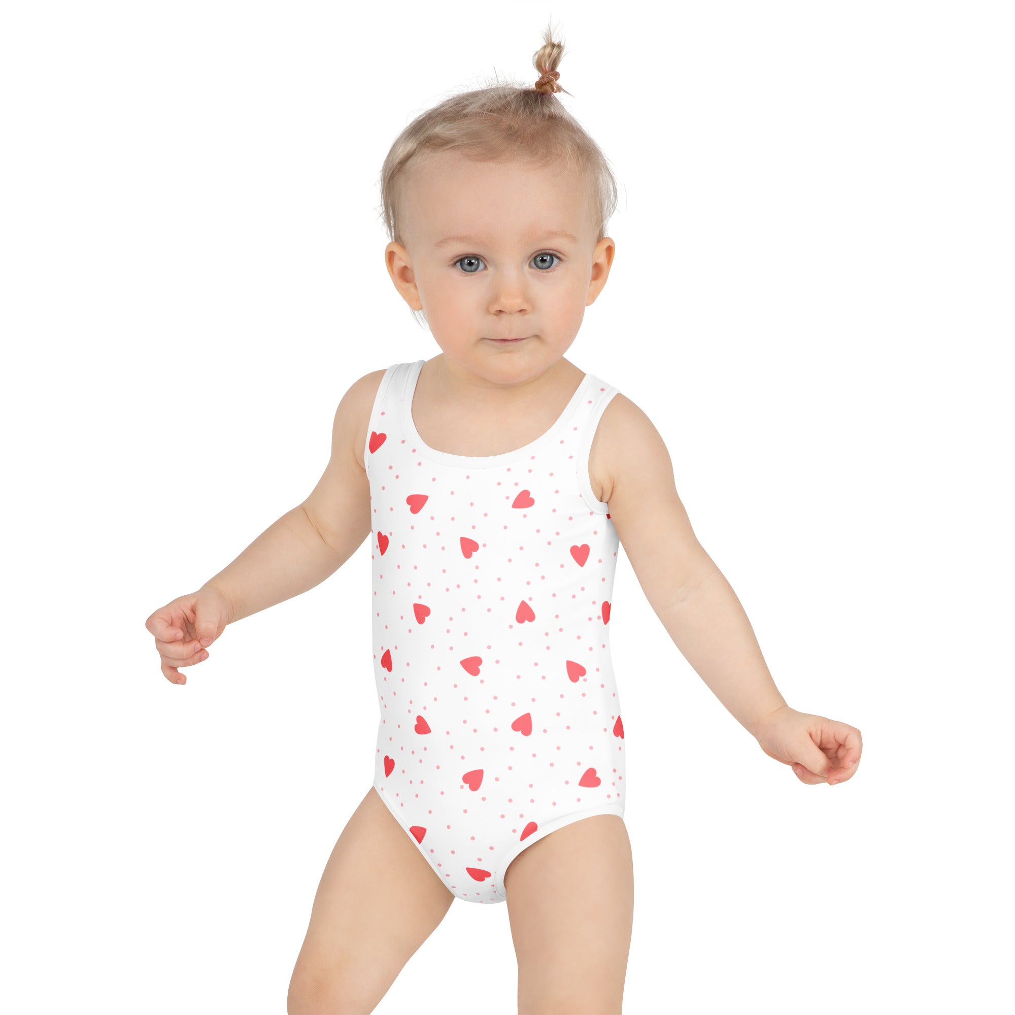 White girls one-piece swimsuit with red heart polka dot pattern buttery soft fabric upf 50 plus protection