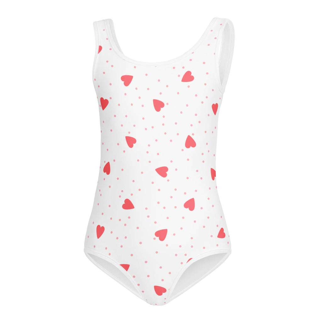 White one-piece buttery soft swimsuit with red hearts and pink polka dots for girls quick drying for dance and gymnastics