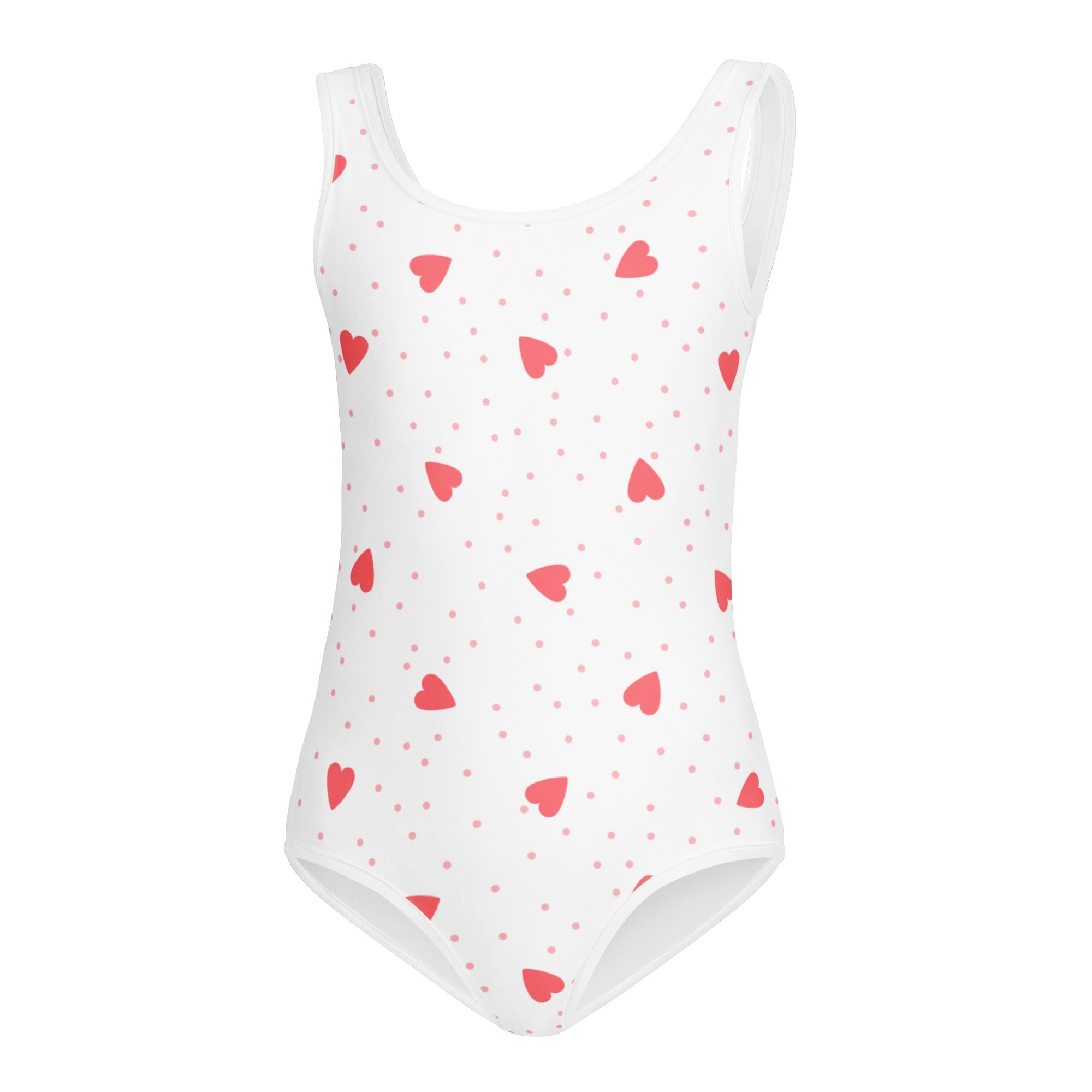 White one-piece buttery soft swimsuit with red hearts and pink polka dots for girls quick drying for dance and gymnastics