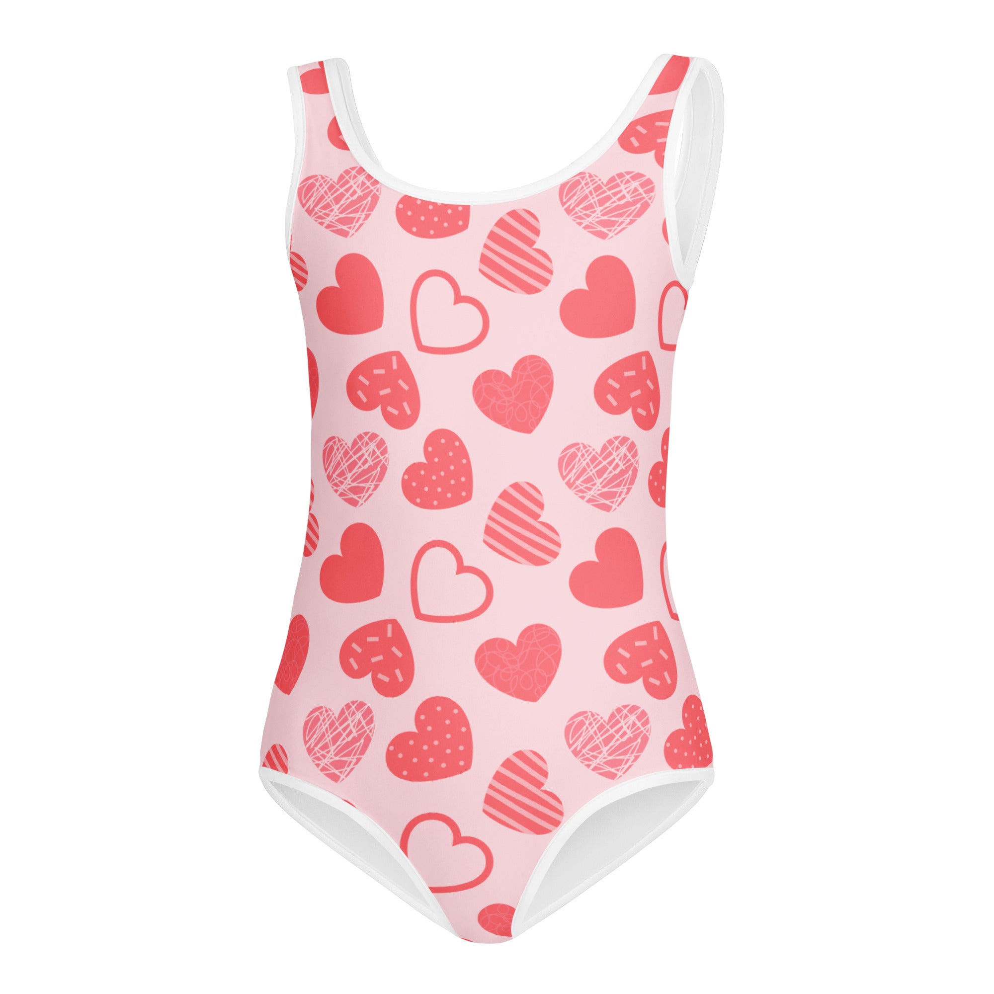 Girls pink heart pattern buttery soft one-piece swimsuit with white trim quick drying for dance and gymnastics
