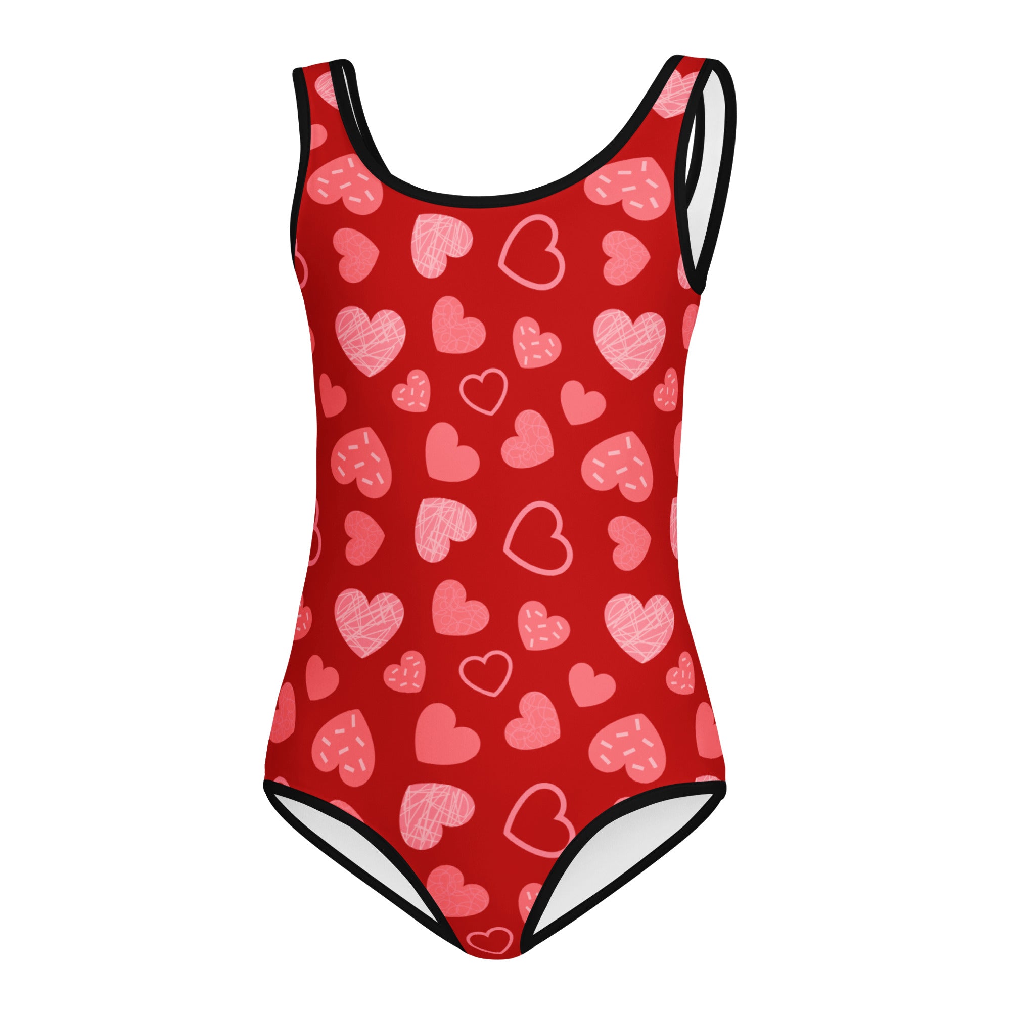 Girls red heart pattern buttery soft leotard with black trim and white lining designed for dance and gymnastics