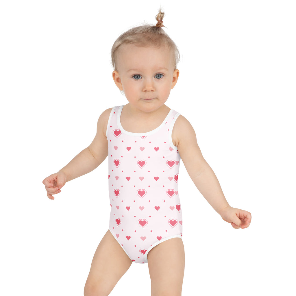 Girls valentines day white one-piece swimsuit with pink hearts and dots buttery soft fabric upf 50 plus double layered front