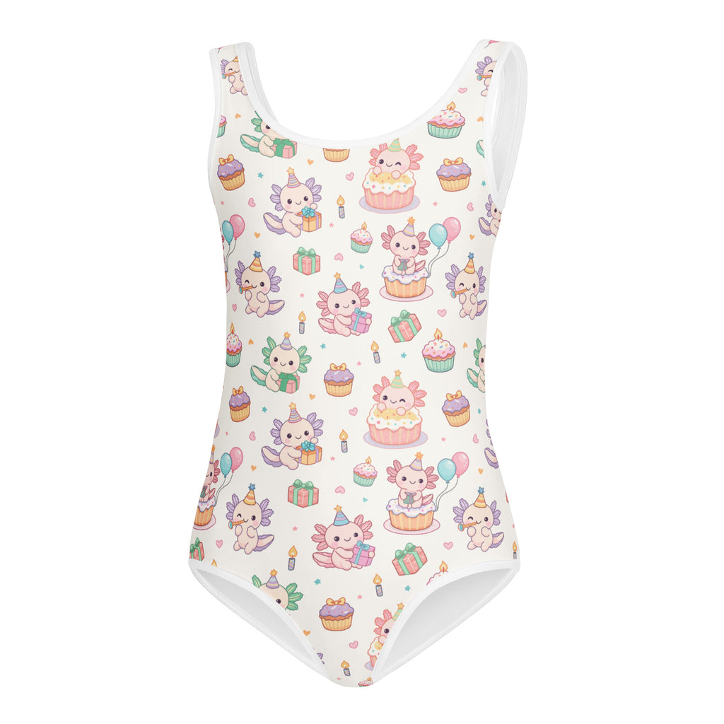 White girls axolotl birthday buttery soft quick drying one-piece swimsuit with party hats cupcakes and gifts pattern