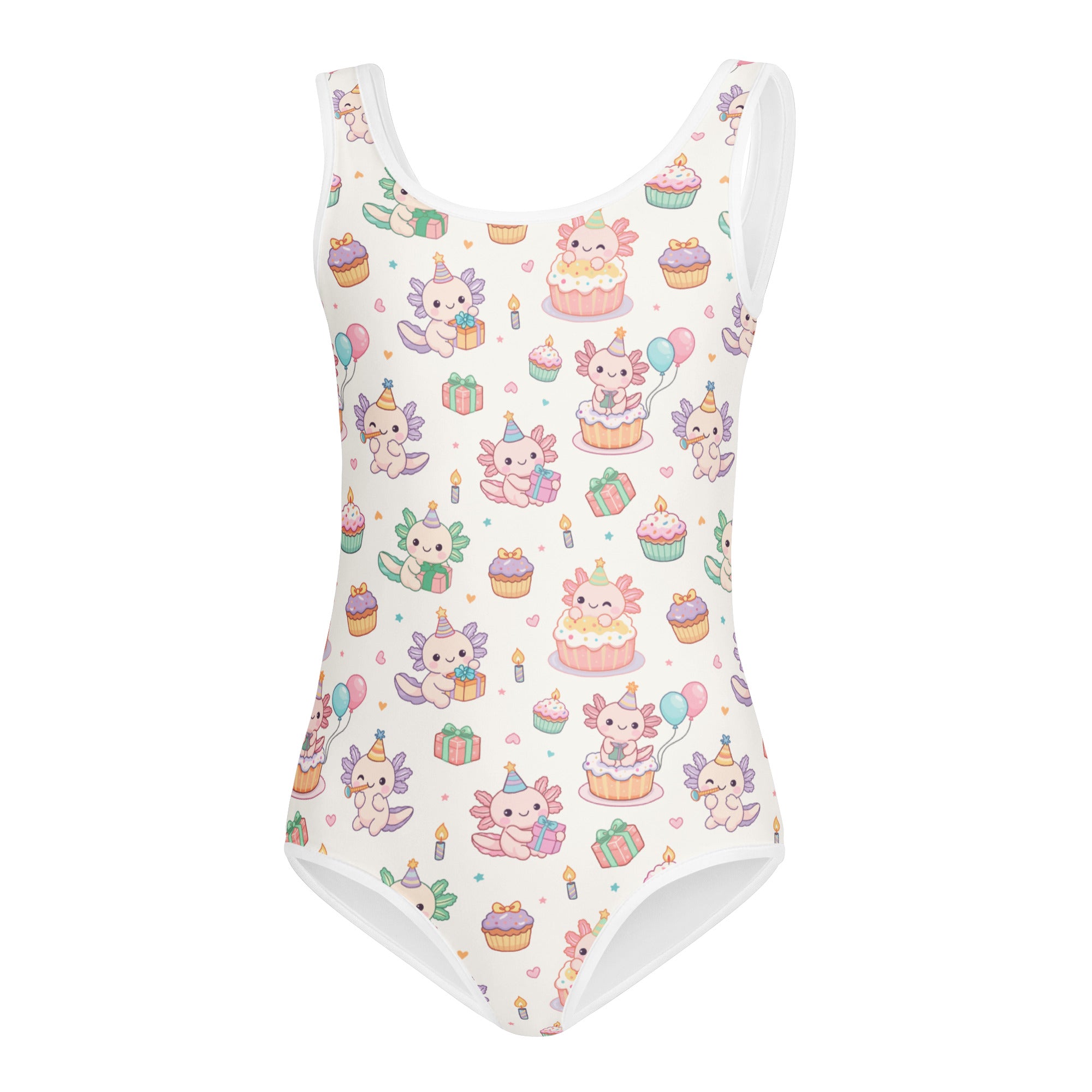 White girls axolotl birthday buttery soft quick drying one-piece swimsuit with party hats cupcakes and gifts pattern