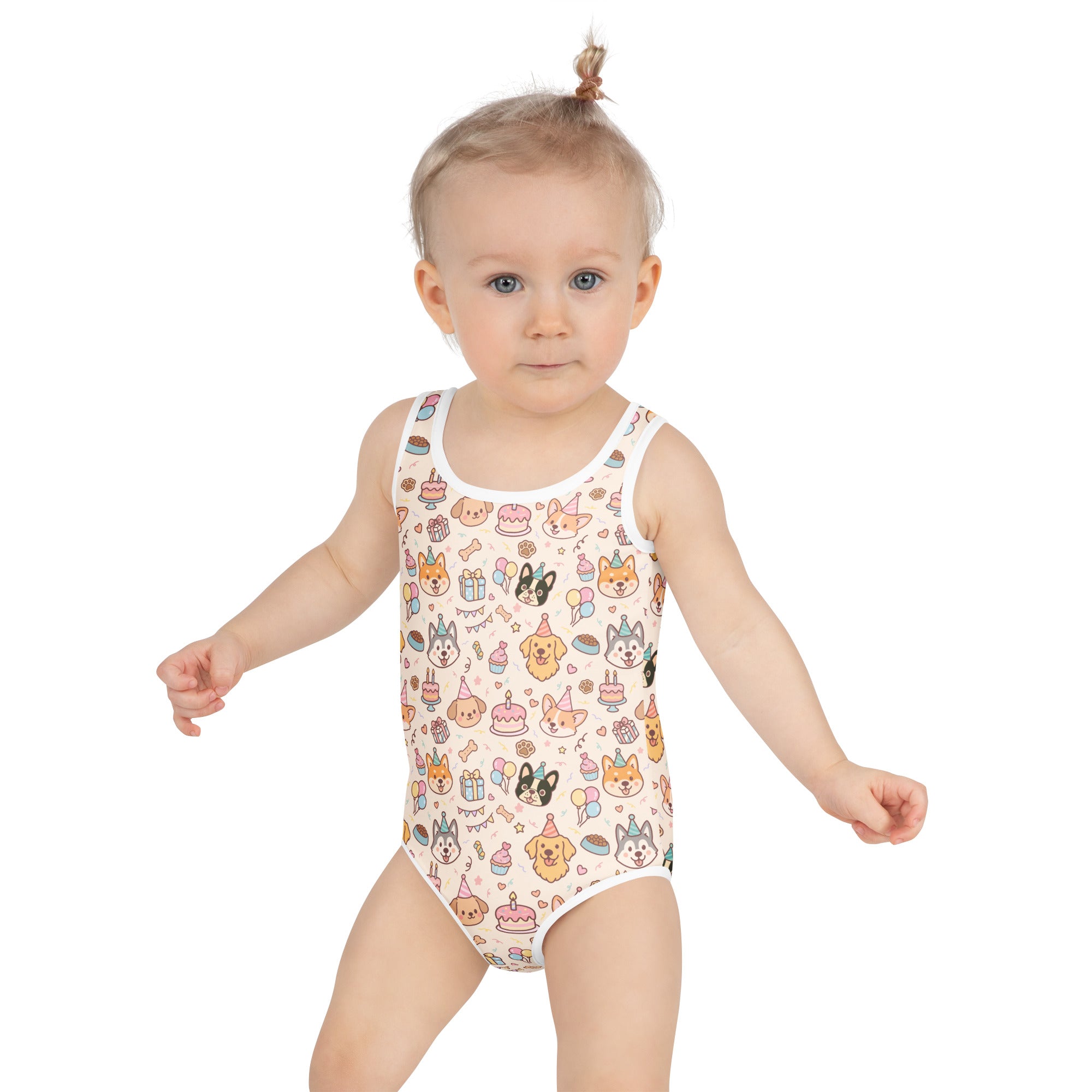 Girls puppy birthday white one-piece swimsuit with playful pastel dog cake and party hat pattern upf 50 plus buttery soft