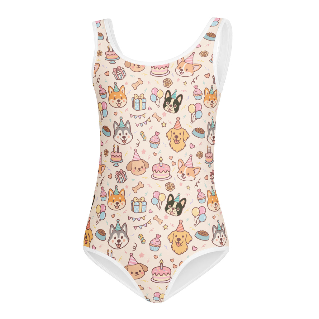 Girls puppy birthday buttery soft sleeveless leotard with cartoon dogs and cakes print for dance and gymnastics