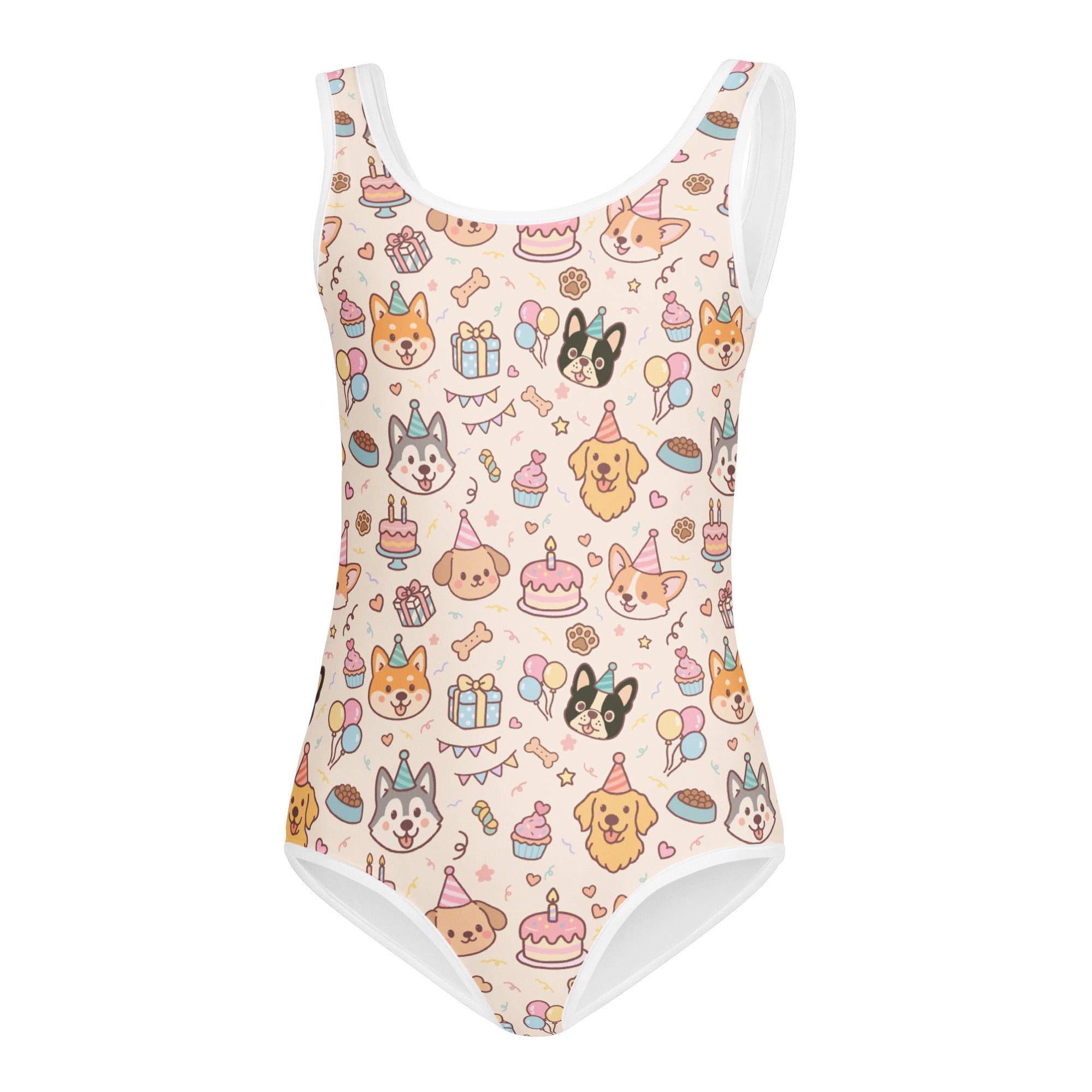 Girls puppy birthday buttery soft sleeveless leotard with cartoon dogs and cakes print for dance and gymnastics