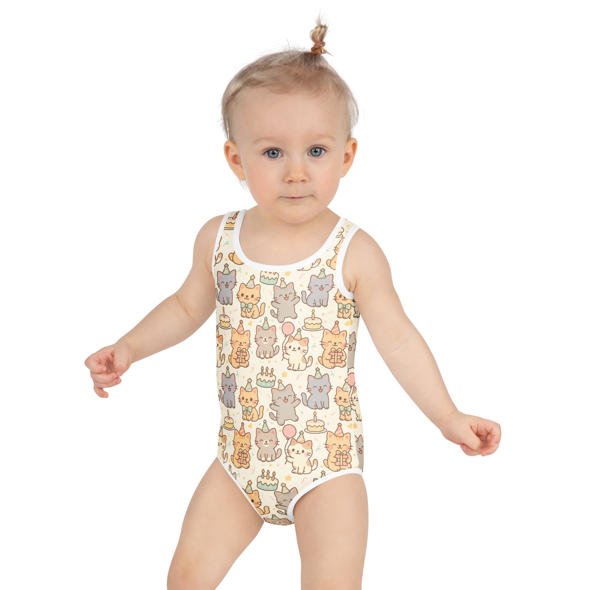 Girls kitten birthday buttery soft white swimsuit with cartoon cats party hats double layered front upf 50 plus