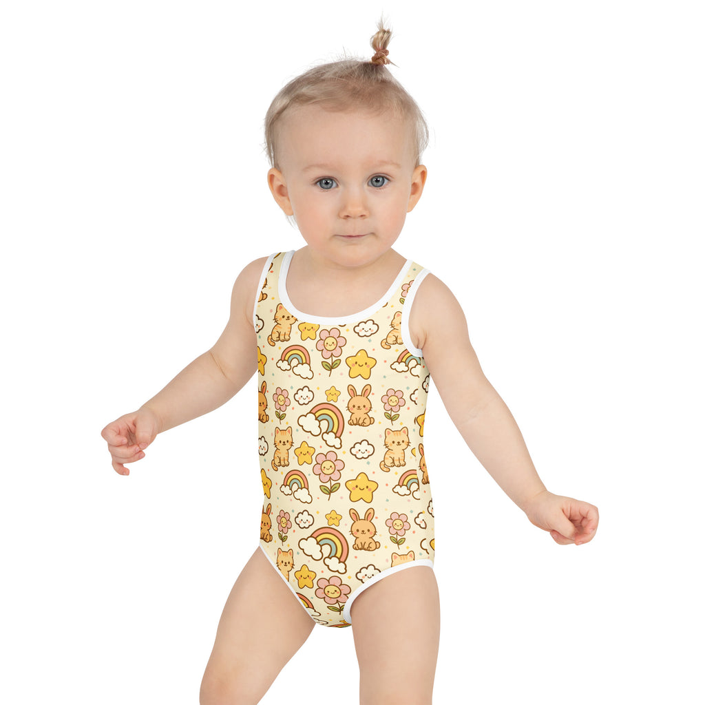 A child wearing a cream girls bunnies cats and rainbows buttery soft one-piece swimsuit with upf 50 plus protection