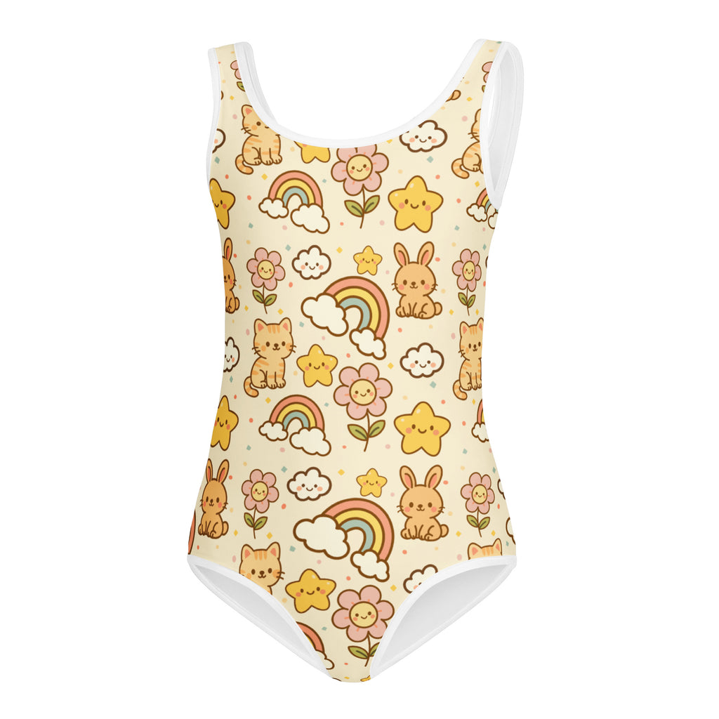 Cream-colored girls buttery soft leotard with pastel cartoon cats rabbits rainbows flowers and stars quick drying for dance