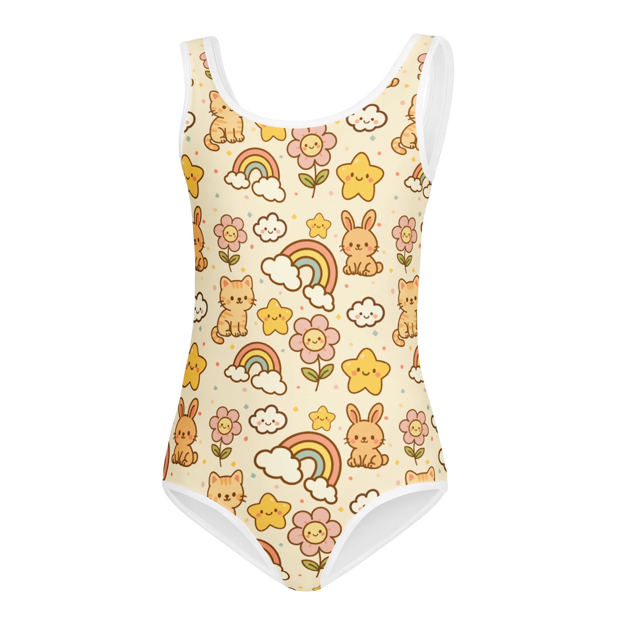 Cream-colored girls buttery soft leotard with pastel cartoon cats rabbits rainbows flowers and stars quick drying for dance