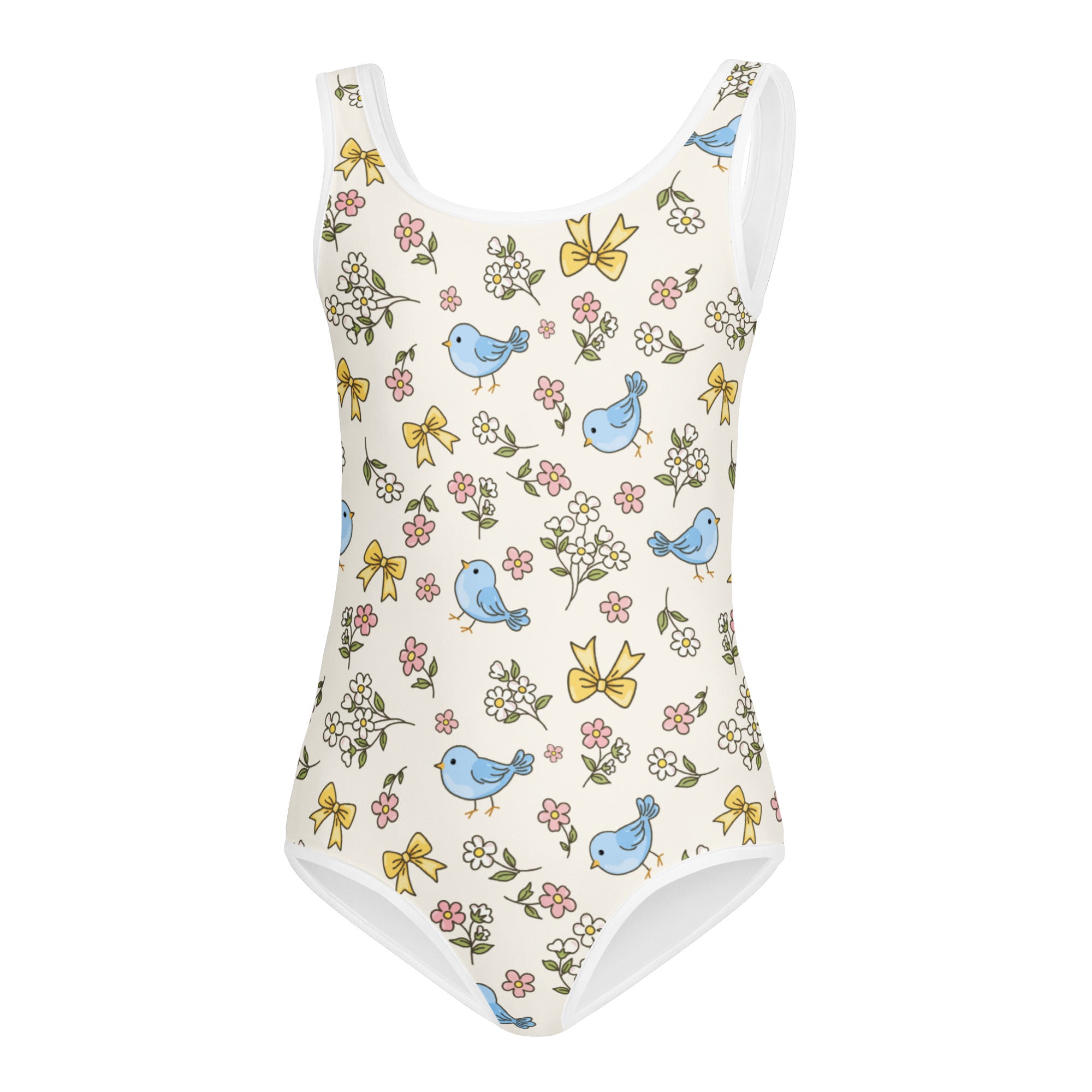 White one-piece swimsuit with blue birds yellow bows and pink flowers quick drying for dance and gymnastics