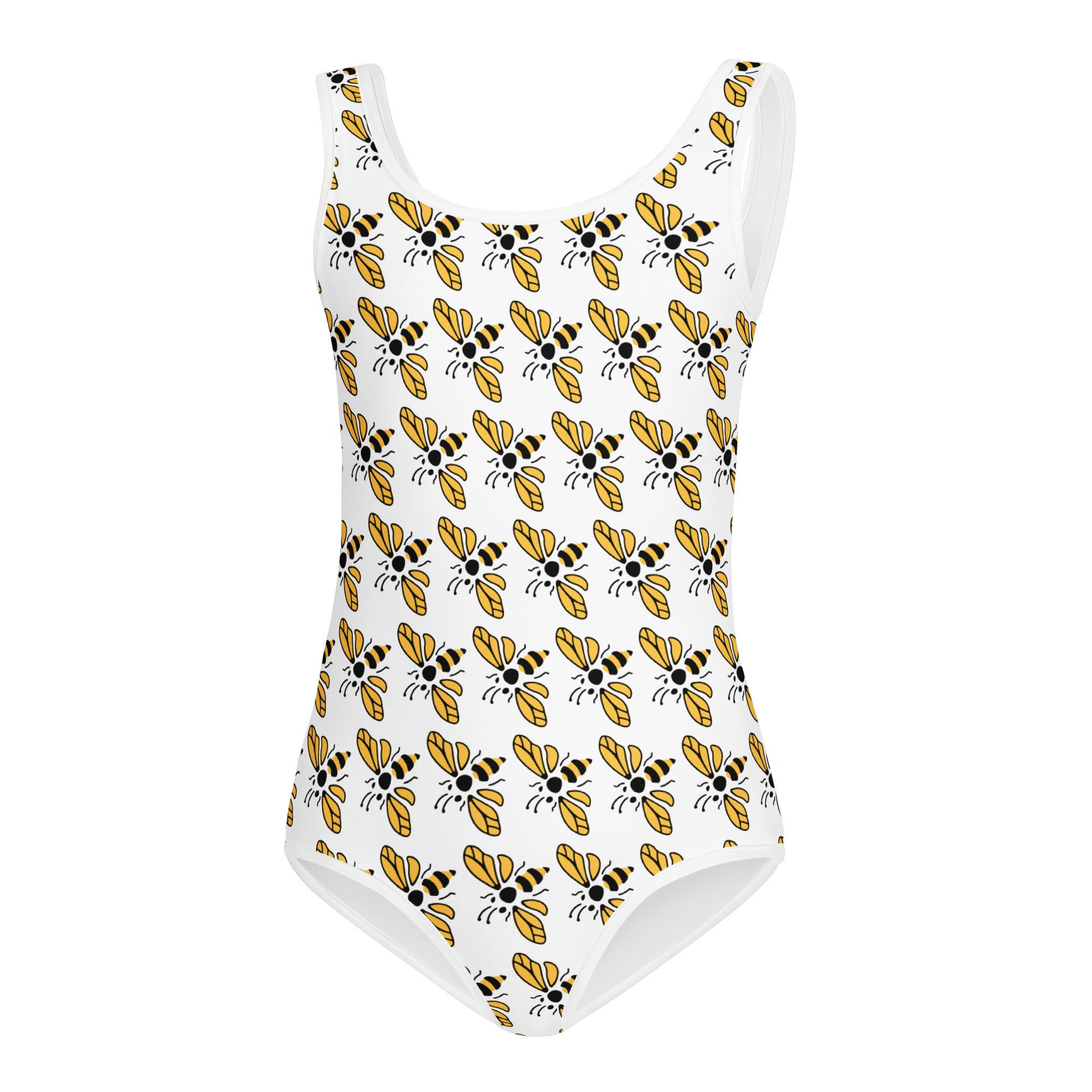 White one-piece girls leotard with quick-drying buttery soft fabric and yellow black bee print for dance and gymnastics