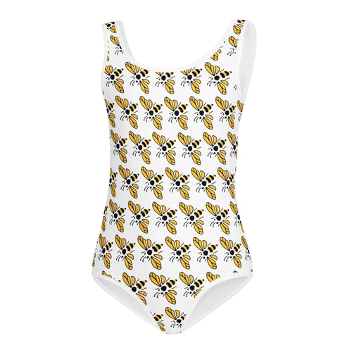 White one-piece girls leotard with quick-drying buttery soft fabric and yellow black bee print for dance and gymnastics