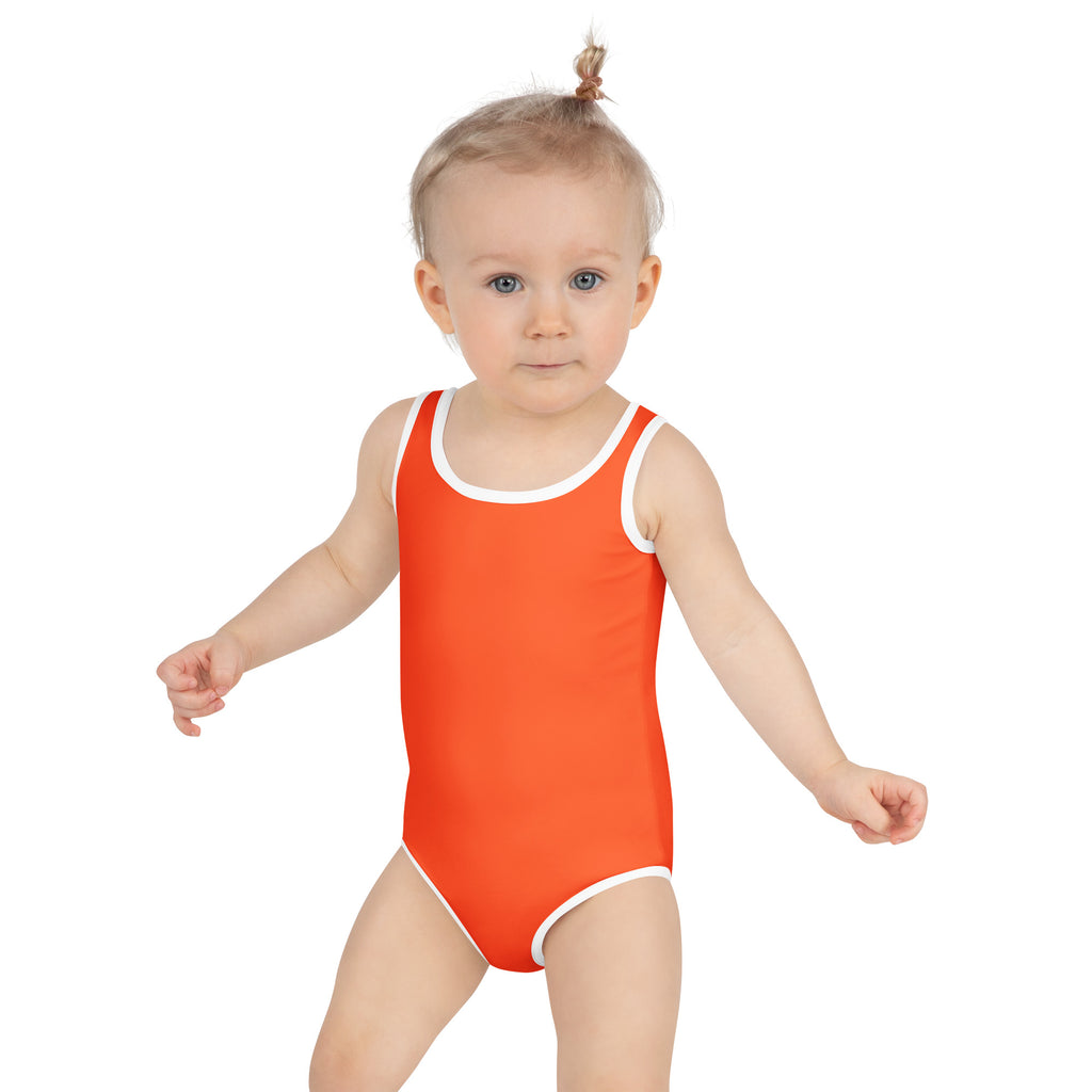 Girls bright orange one-piece buttery soft swimsuit with white trim and UPF 50 plus double layered front