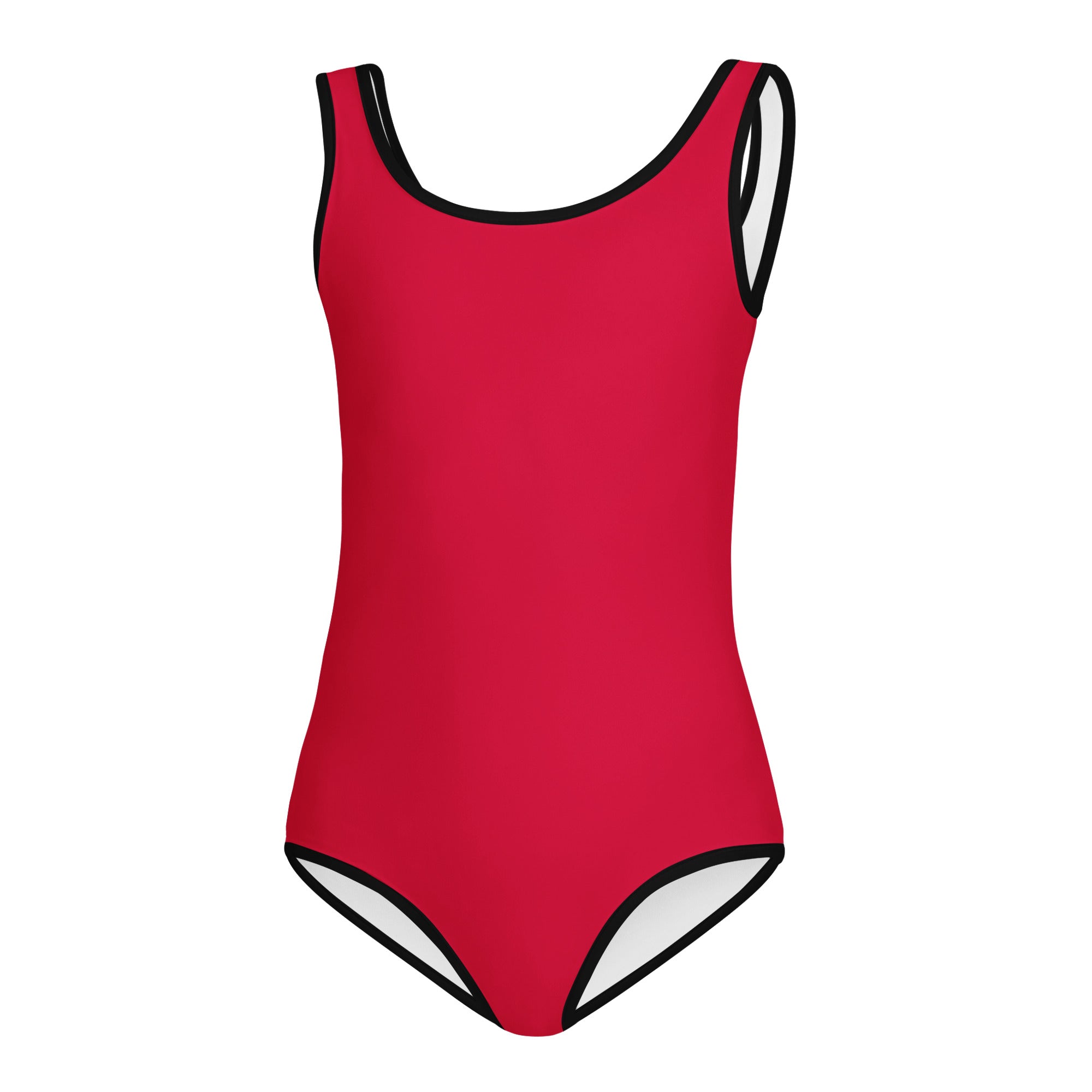 Girls ruby red buttery soft leotard with black trim and white lining quick drying for dance and gymnastics