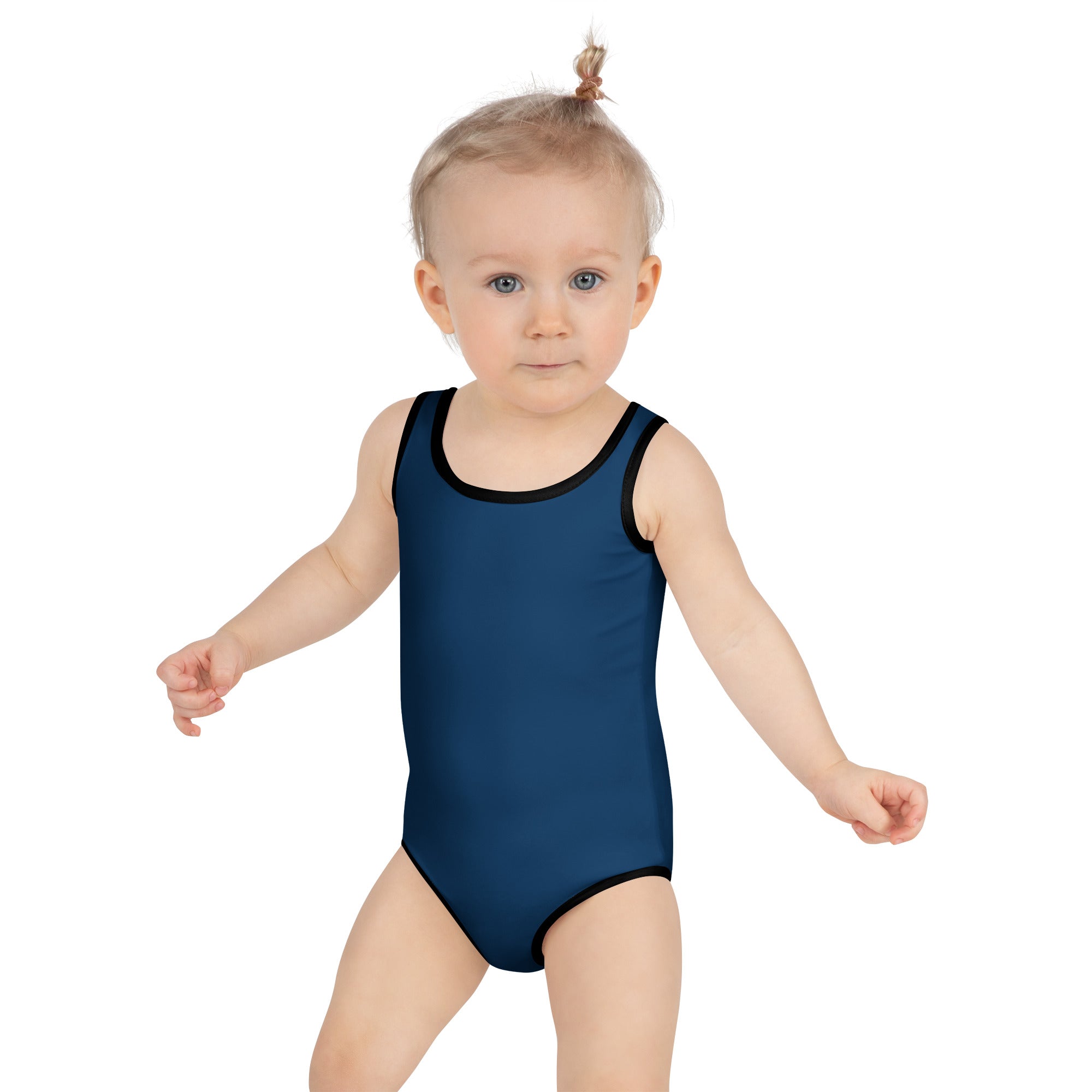 Girls navy blue buttery soft one-piece swimsuit with black trim upf 50 plus and double layered front