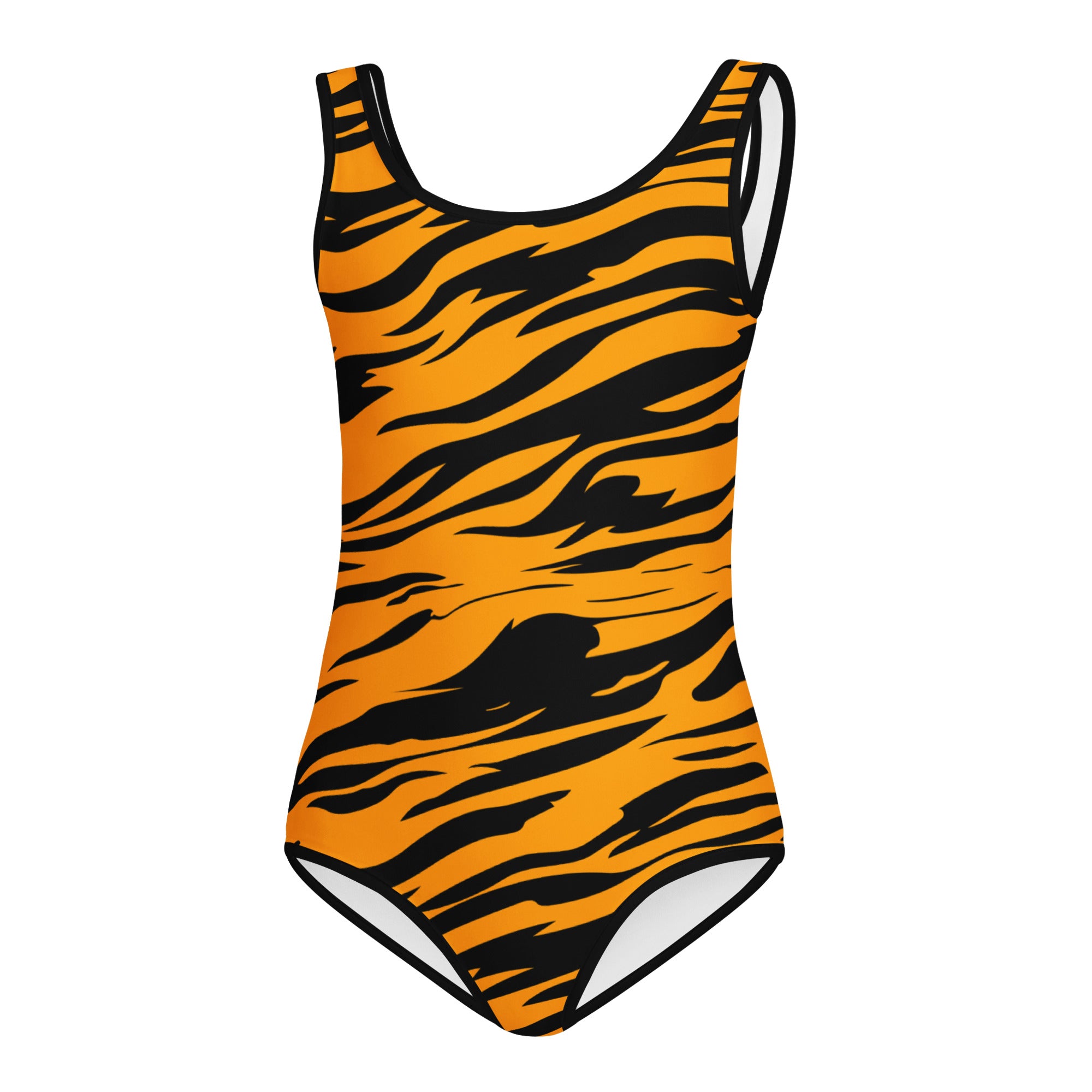 Girls tiger stripe buttery soft one-piece swimsuit in vibrant orange and black quick drying for dance and gymnastics