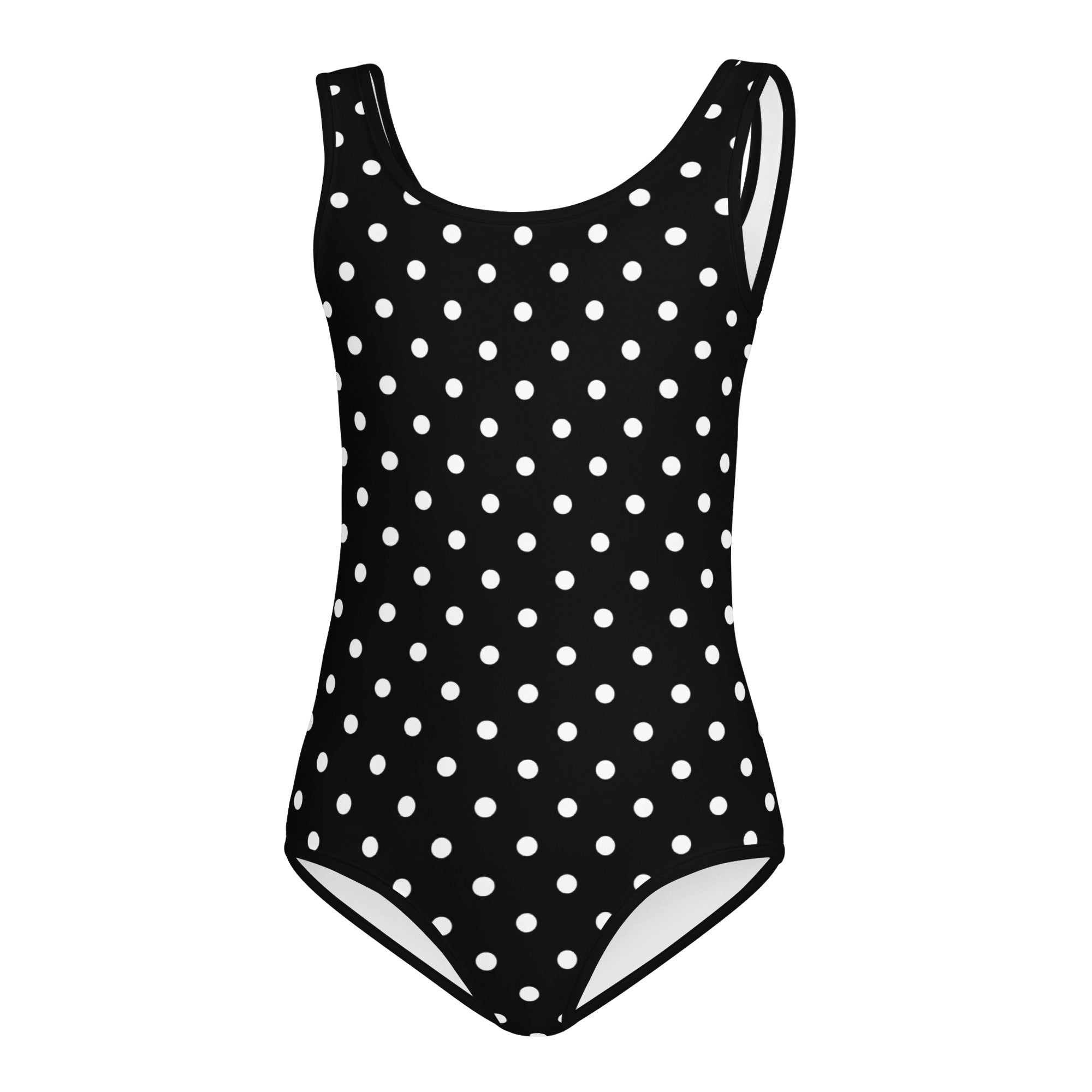 Girls black polka dot buttery soft leotard with scoop neckline quick drying for dance and gymnastics
