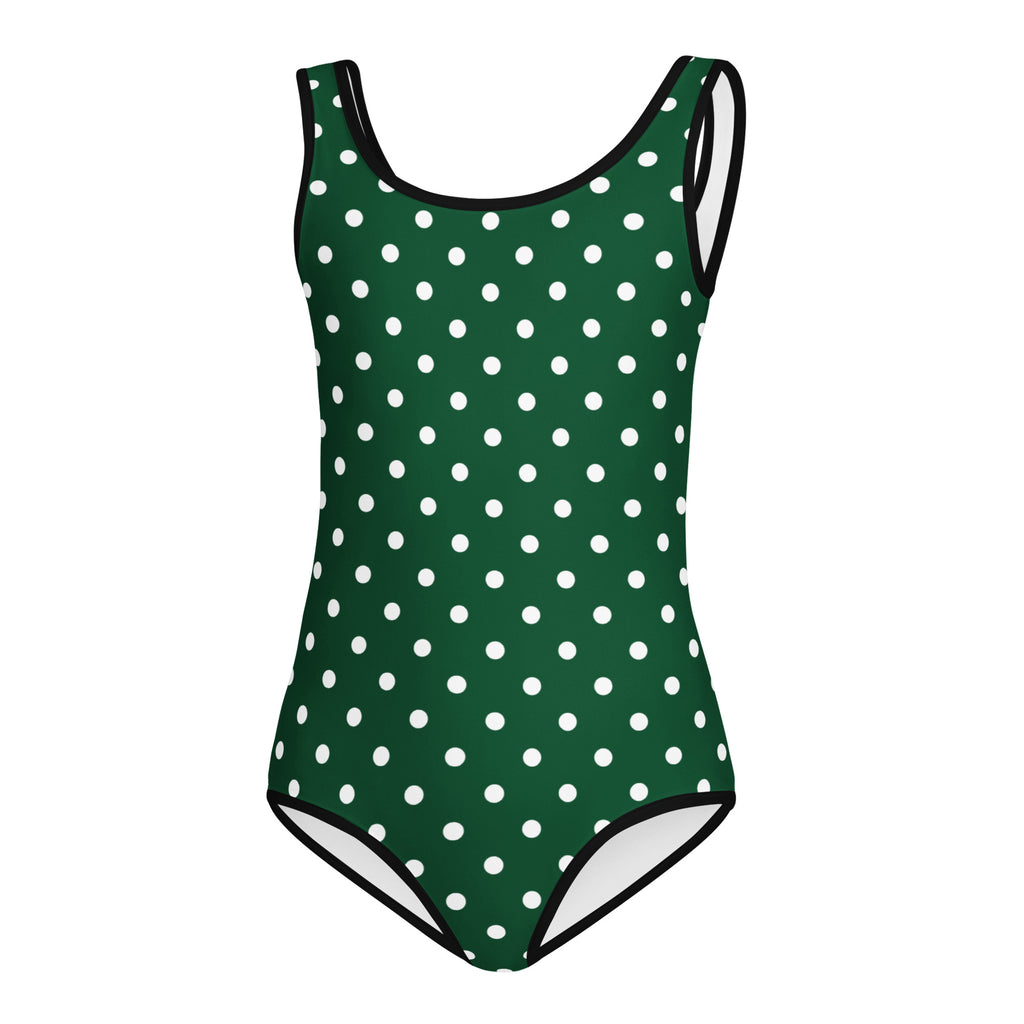 Girls dark green polka dot buttery soft one-piece swimsuit with black trim quick drying for dance and gymnastics