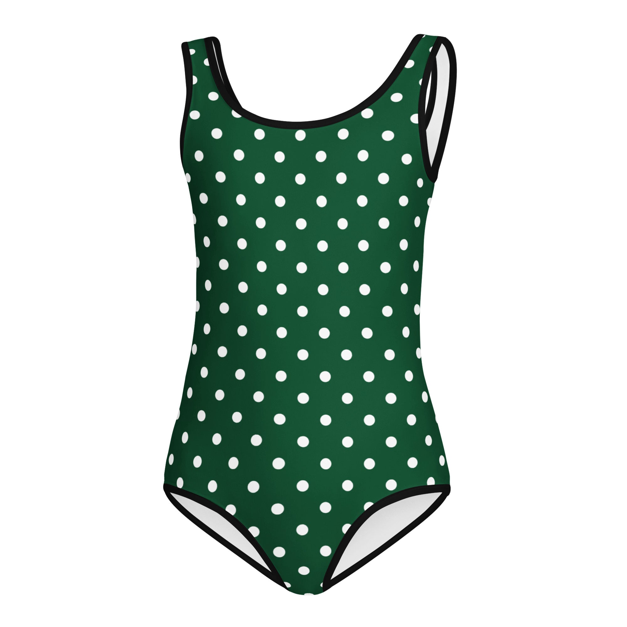 Girls dark green polka dot buttery soft one-piece swimsuit with black trim quick drying for dance and gymnastics