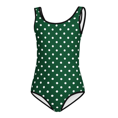 Girls dark green polka dot buttery soft one-piece swimsuit with black trim quick drying for dance and gymnastics