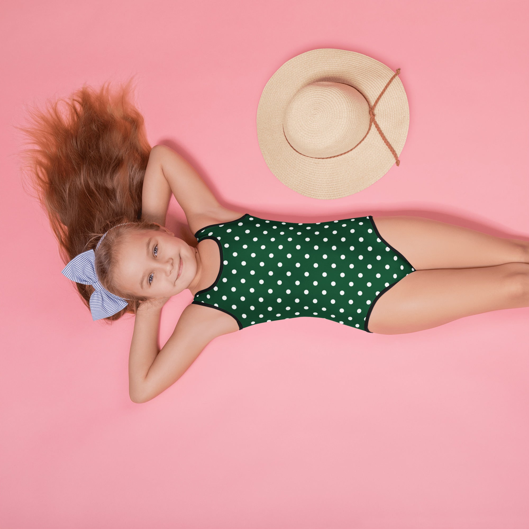 Girls dark green one-piece swimsuit with white polka dots buttery soft fabric UPF 50 plus double layered front