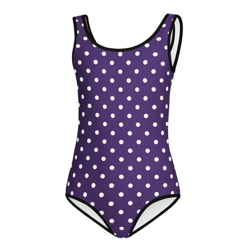 Girls dark purple polka dot buttery soft quick drying leotard with black trim for dance and gymnastics