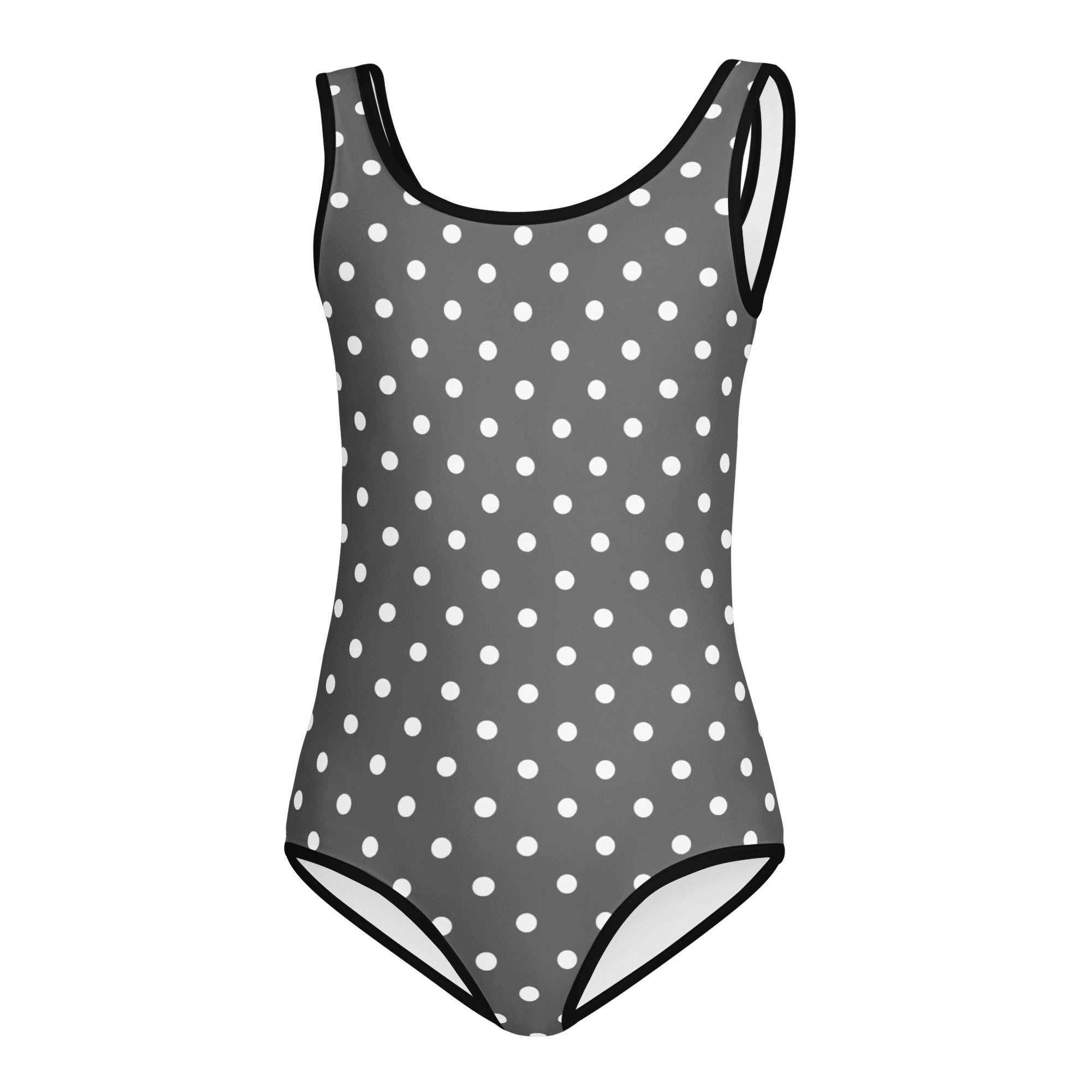 Girls gray polka dot buttery soft leotard with black trim quick drying for dance and gymnastics