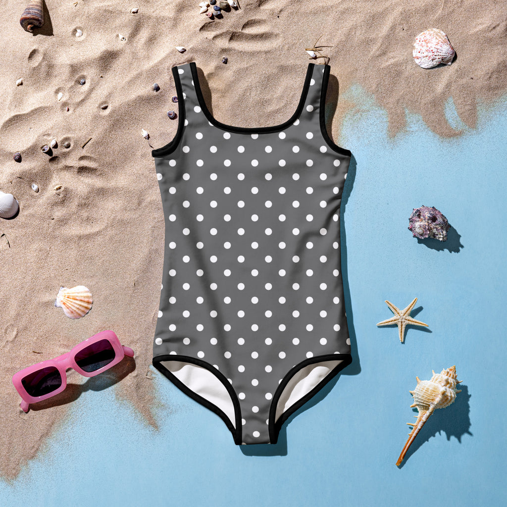 Girls gray polka dot one-piece swimsuit with black trim buttery soft fabric and UPF 50 plus sun protection