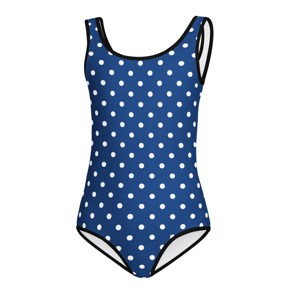 Girls navy blue polka dot buttery soft leotard with black trim quick drying for dance and gymnastics