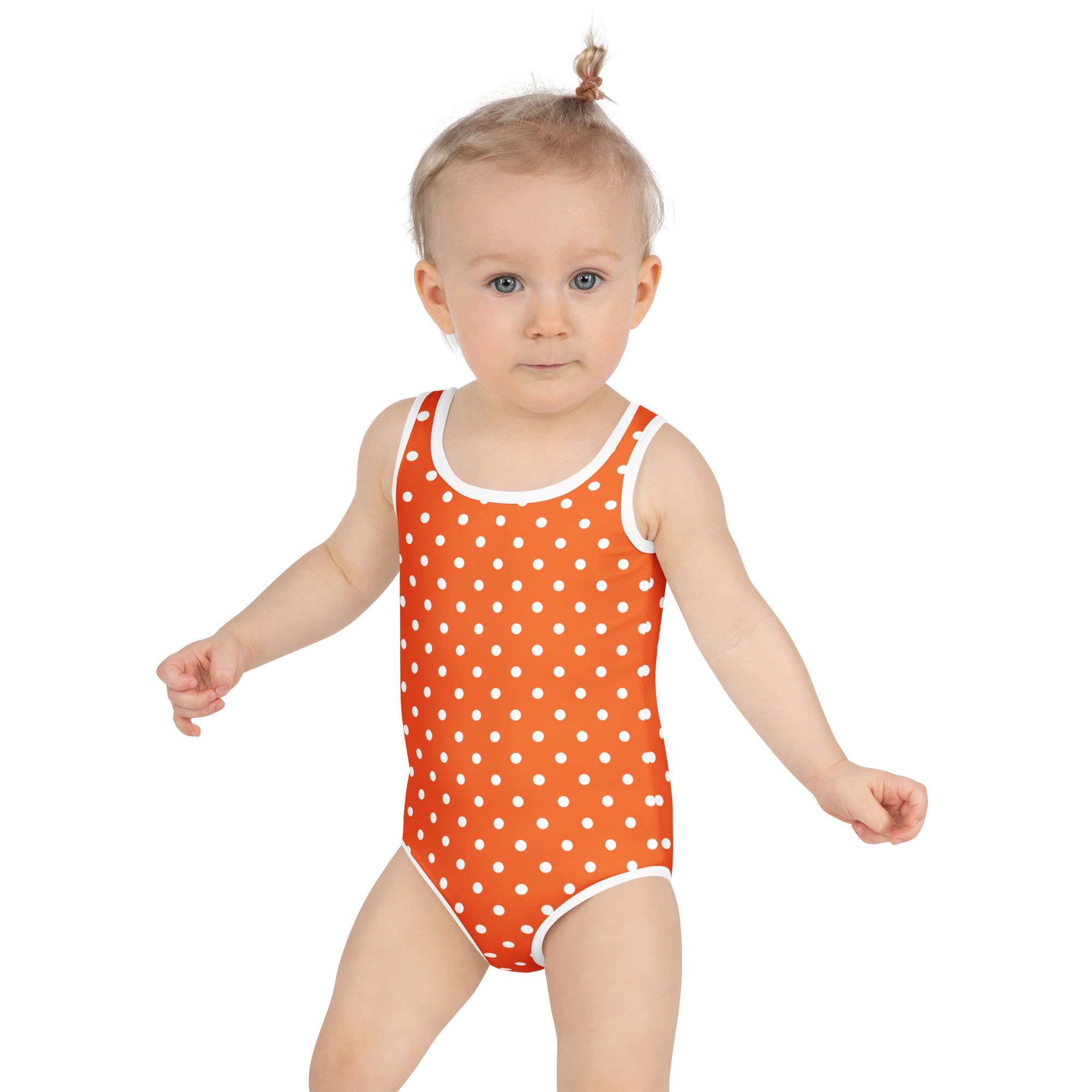 Girls orange one-piece swimsuit with white polka dots and trim buttery soft fabric UPF 50 plus double layered front