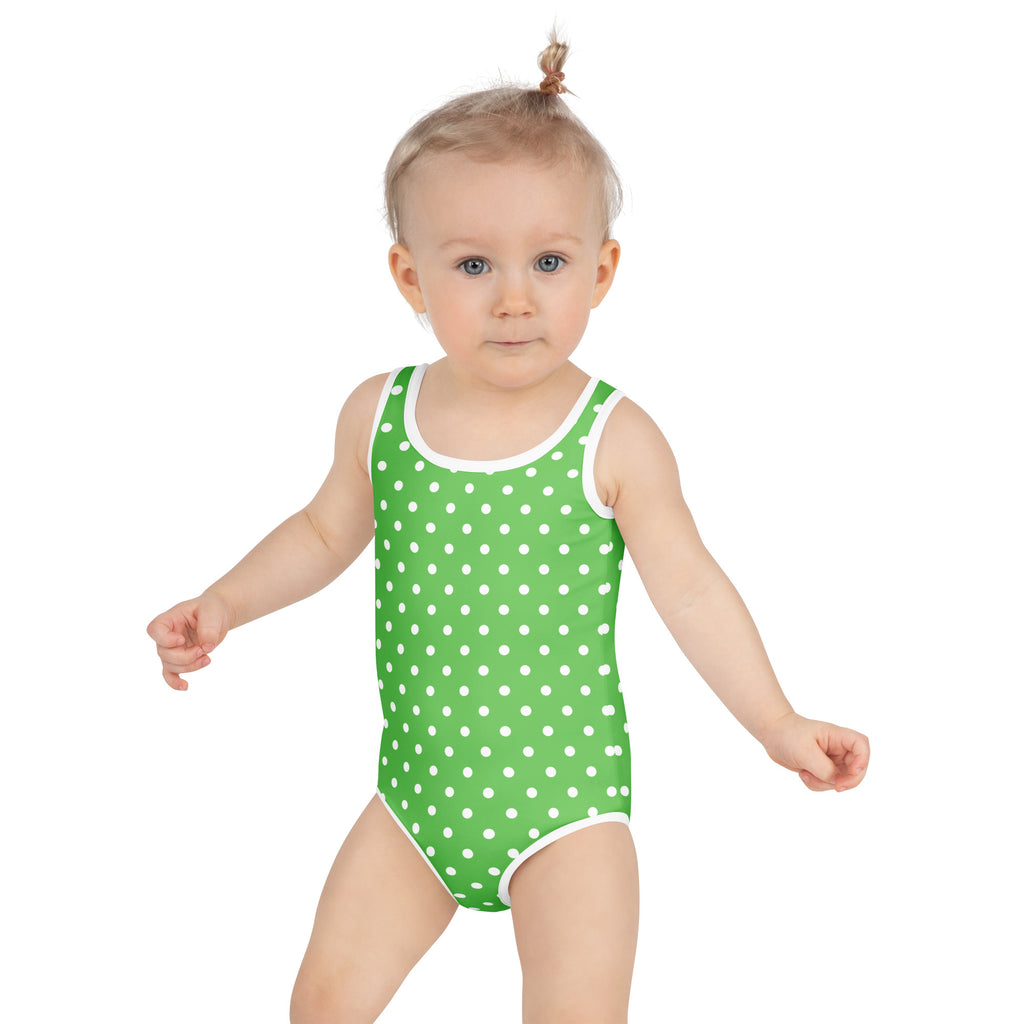 Bright green girls one-piece swimsuit with white polka dots white trim buttery soft UPF 50 plus double layered front