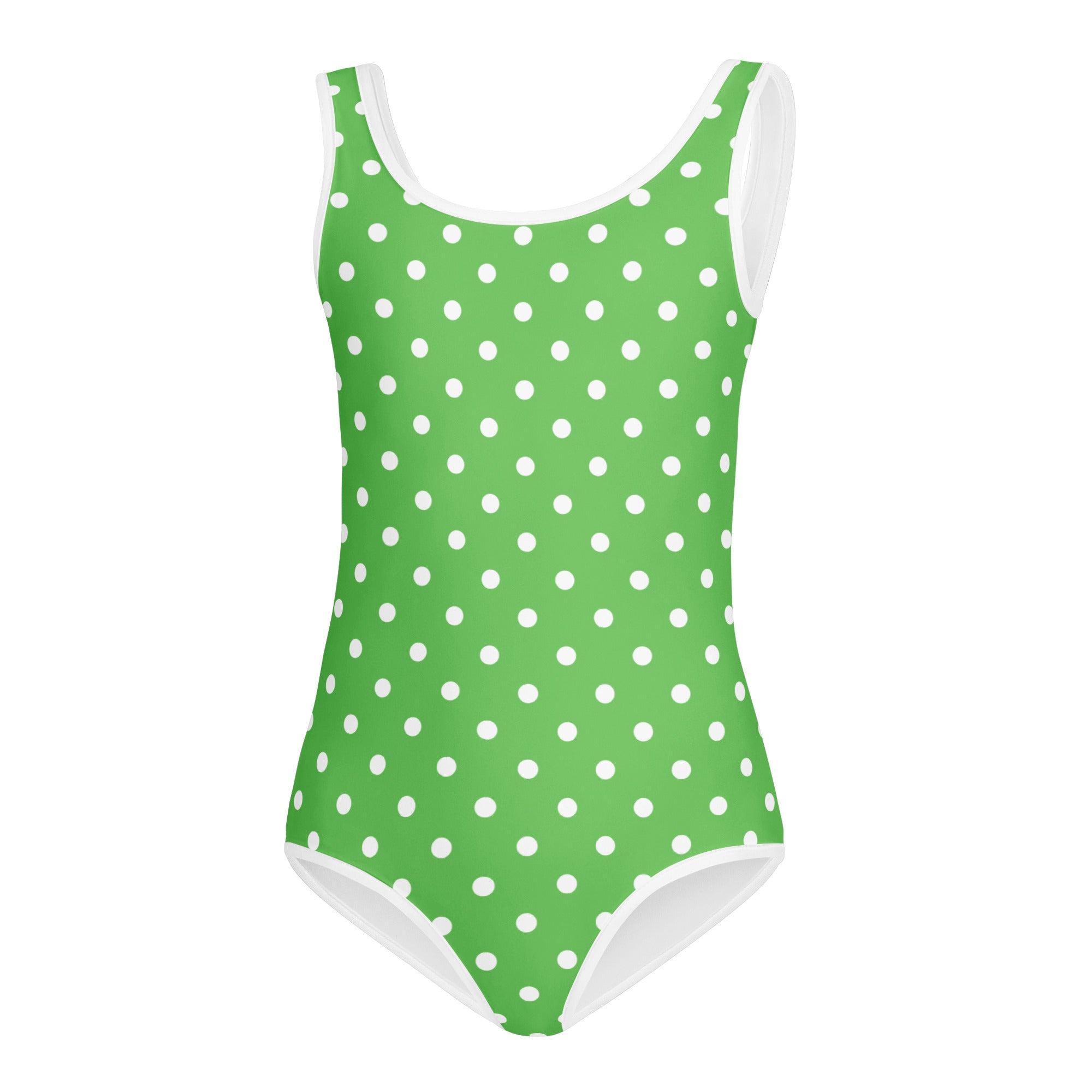 Girls green polka dot buttery soft leotard with white trim quick drying for dance and gymnastics