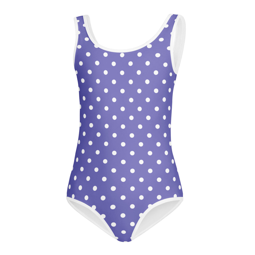 Girls purple polka dot buttery soft leotard with white trim quick drying for dance and gymnastics