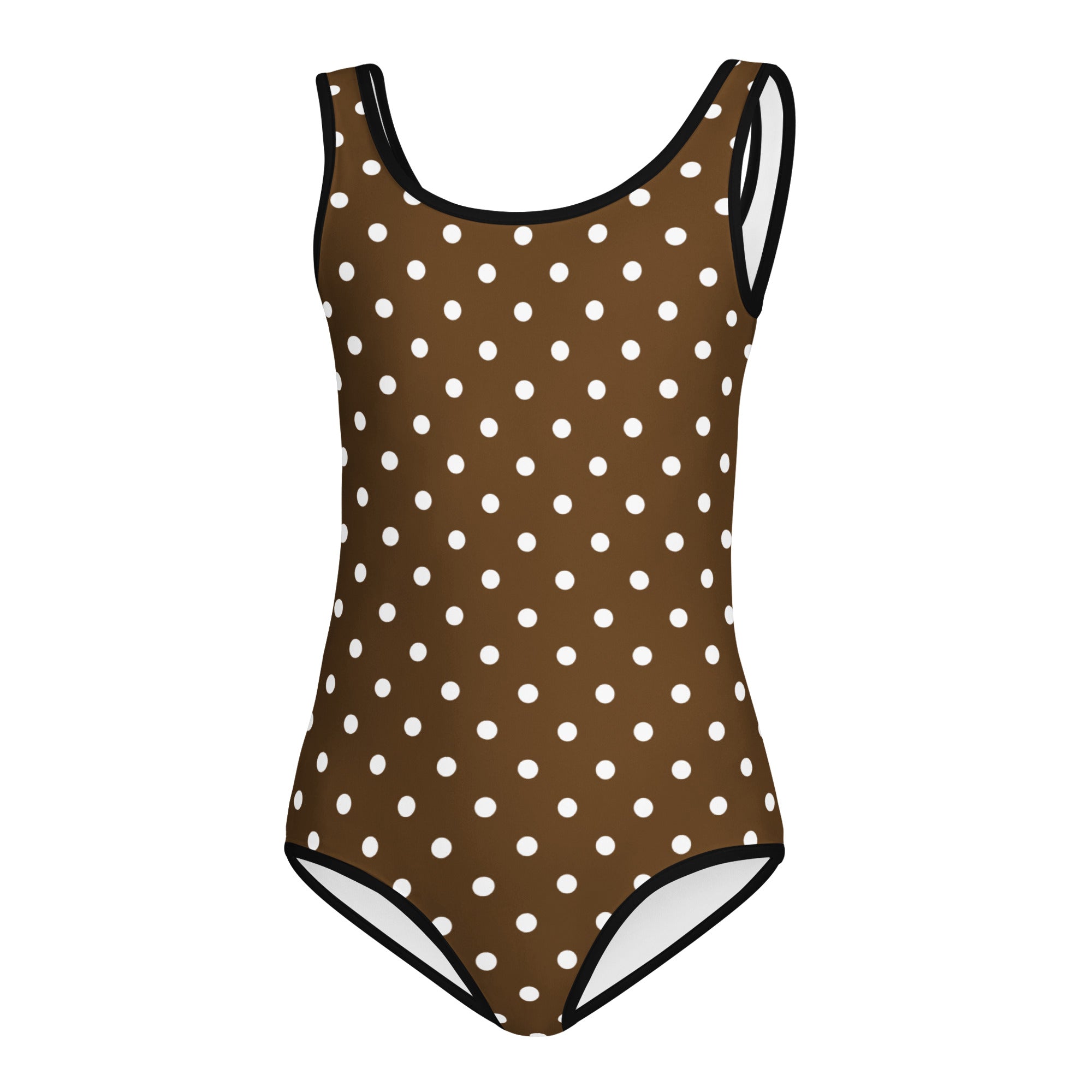 Girls brown polka dot buttery soft leotard with black trim quick drying for dance and gymnastics