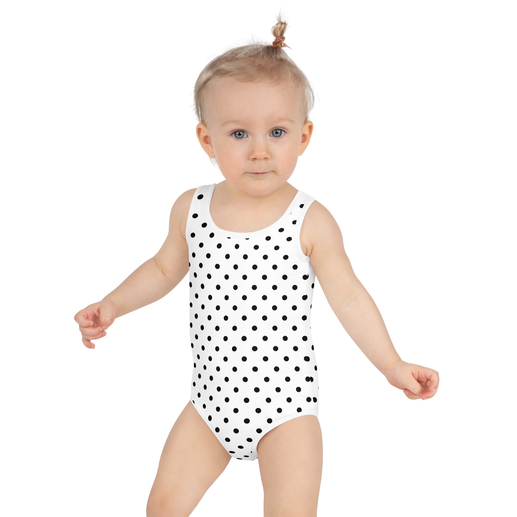 Girls white one-piece swimsuit with black polka dots buttery soft fabric upf 50 plus double layered front