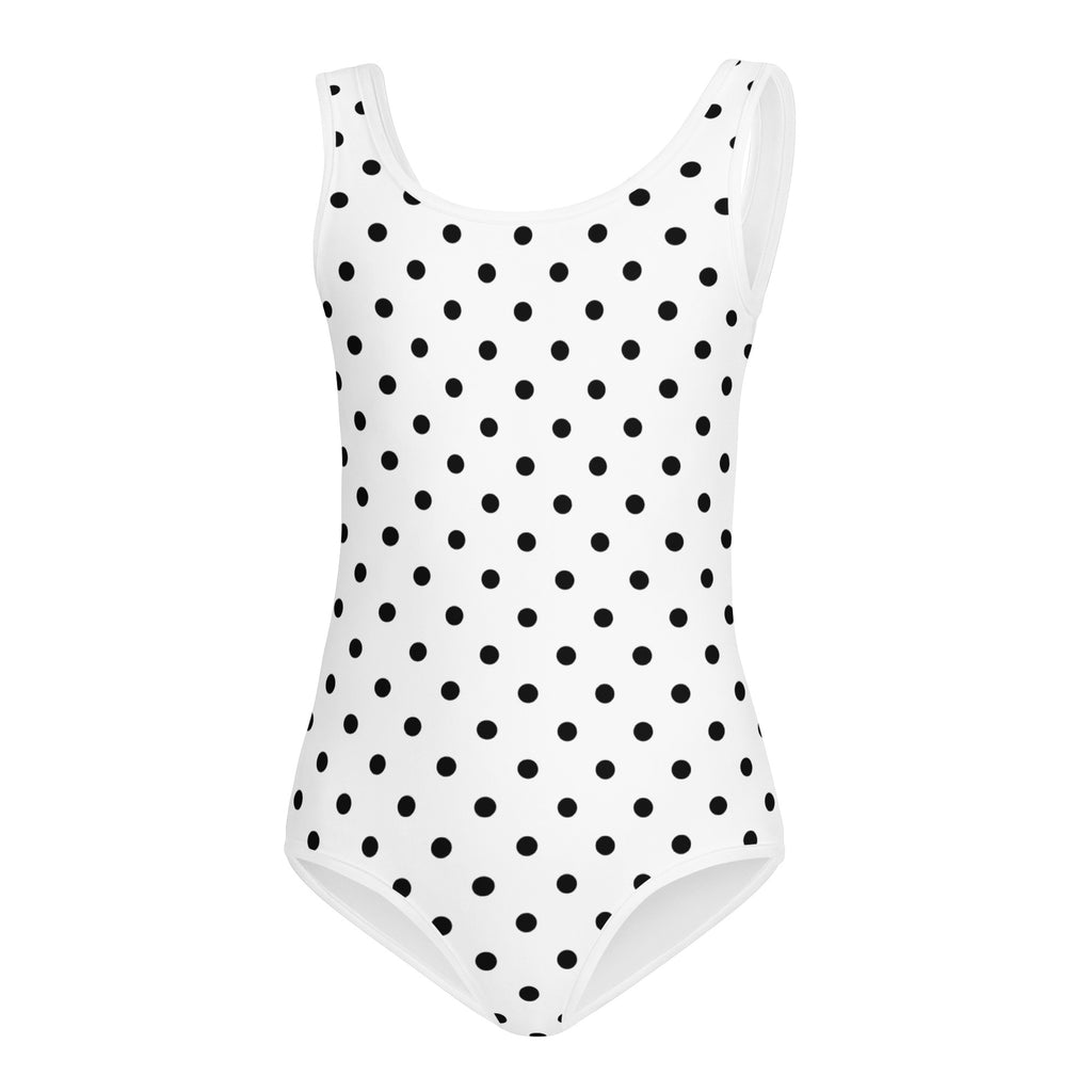 Girls white polka dot buttery soft leotard with quick drying fabric for dance and gymnastics use