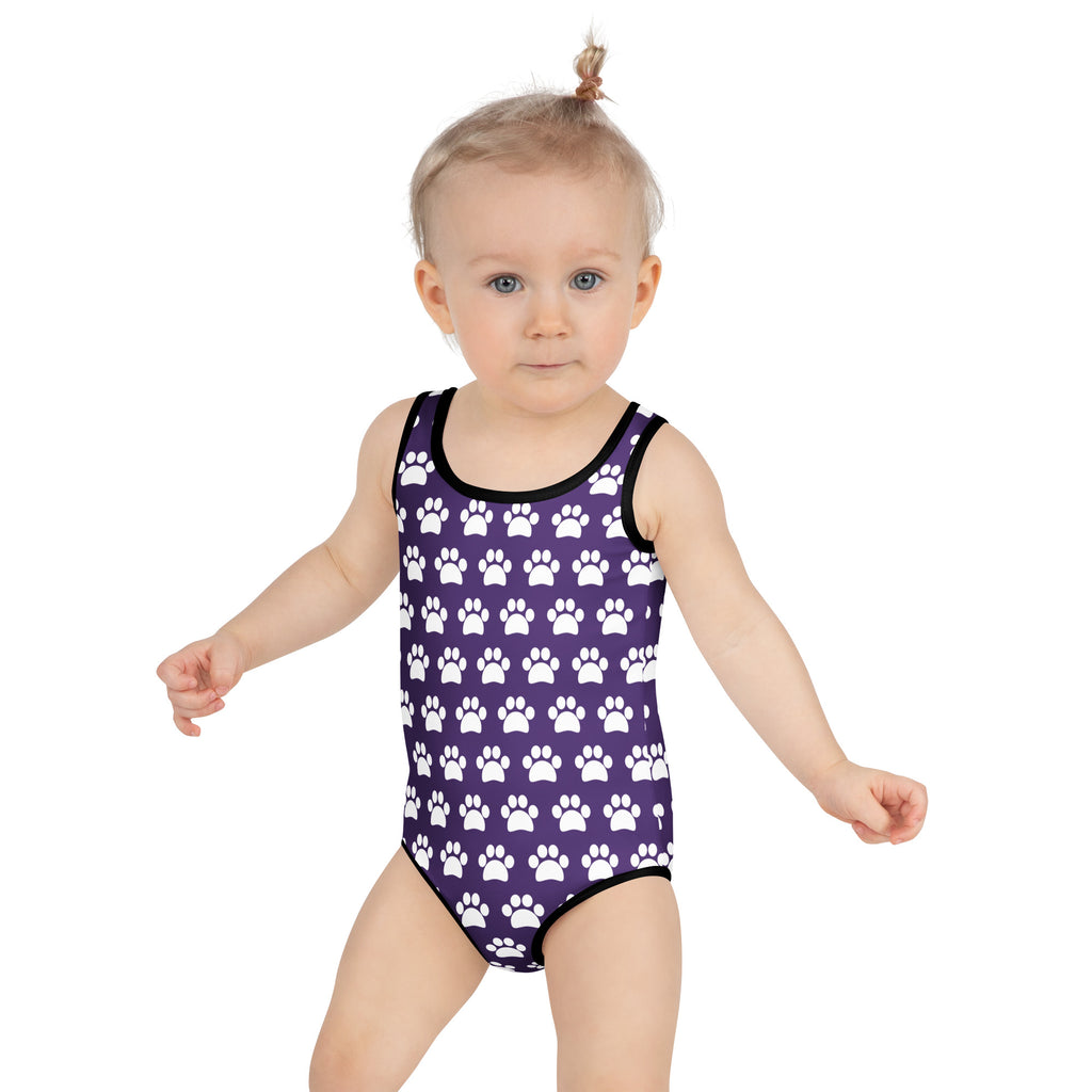 Girls purple one-piece swimsuit with white paw print pattern black trim buttery soft fabric UPF 50 plus double layered front